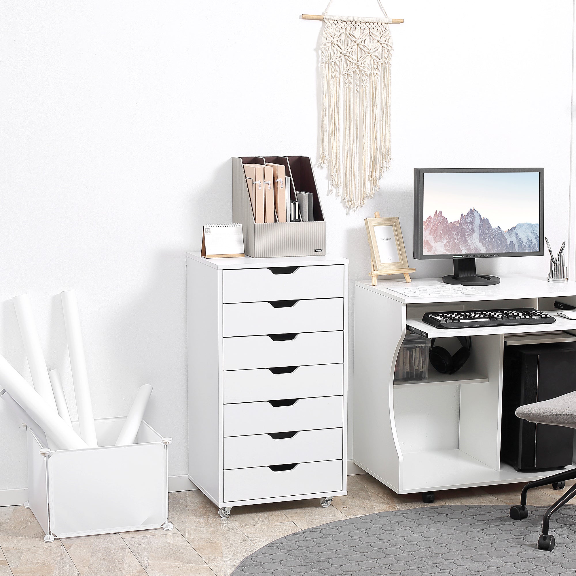 Vinsetto Vertical Filing Cabinet, 7-drawer File Cabinet, Mobile Office Cabinet on Wheels for Study, Home Office, White - North Peak Garden Furniture