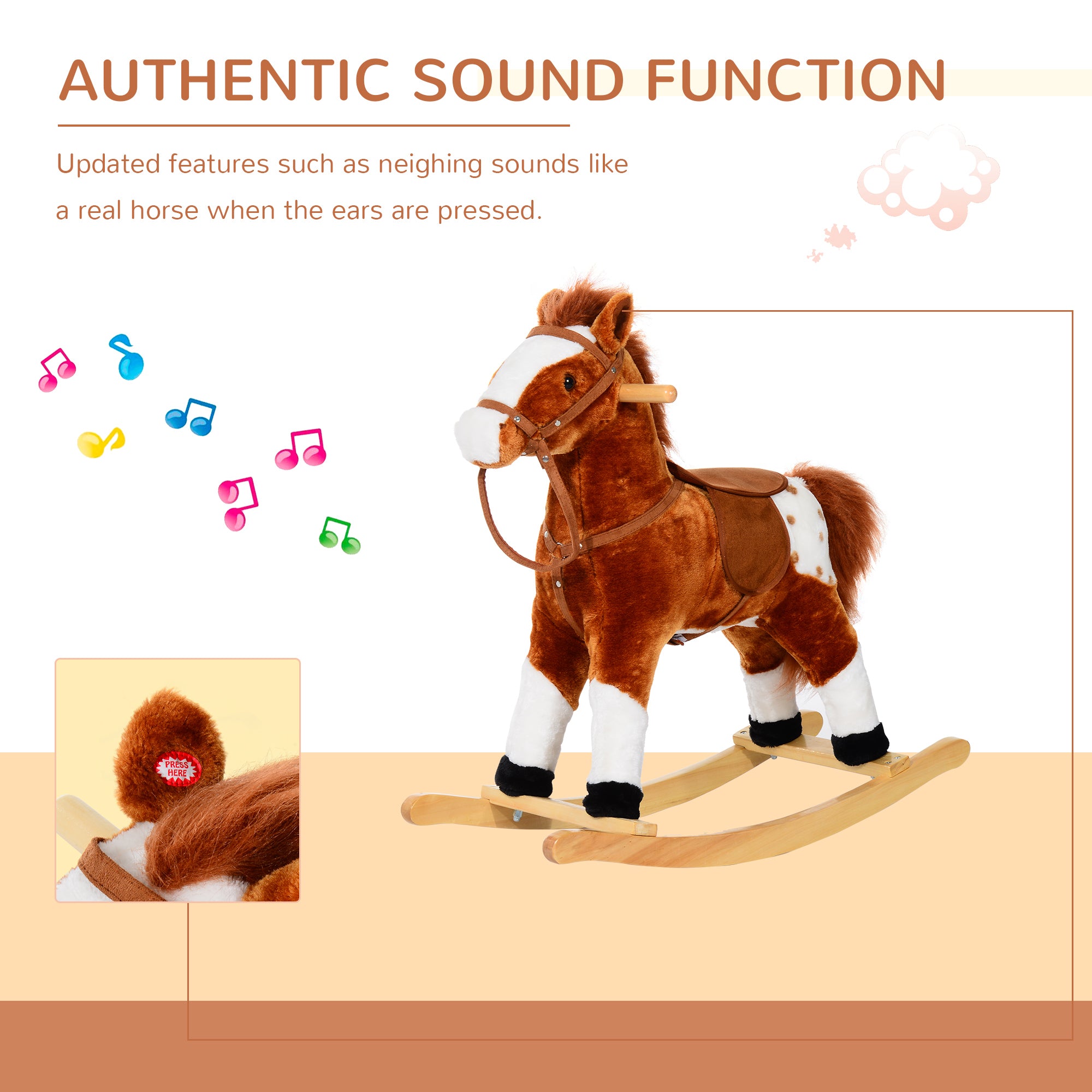 HOMCOM Baby Rocking Horse Plush Ride on Animals Rocker with Sound Handle Grip for kids 3-6 years - Brown - North Peak Garden Furniture