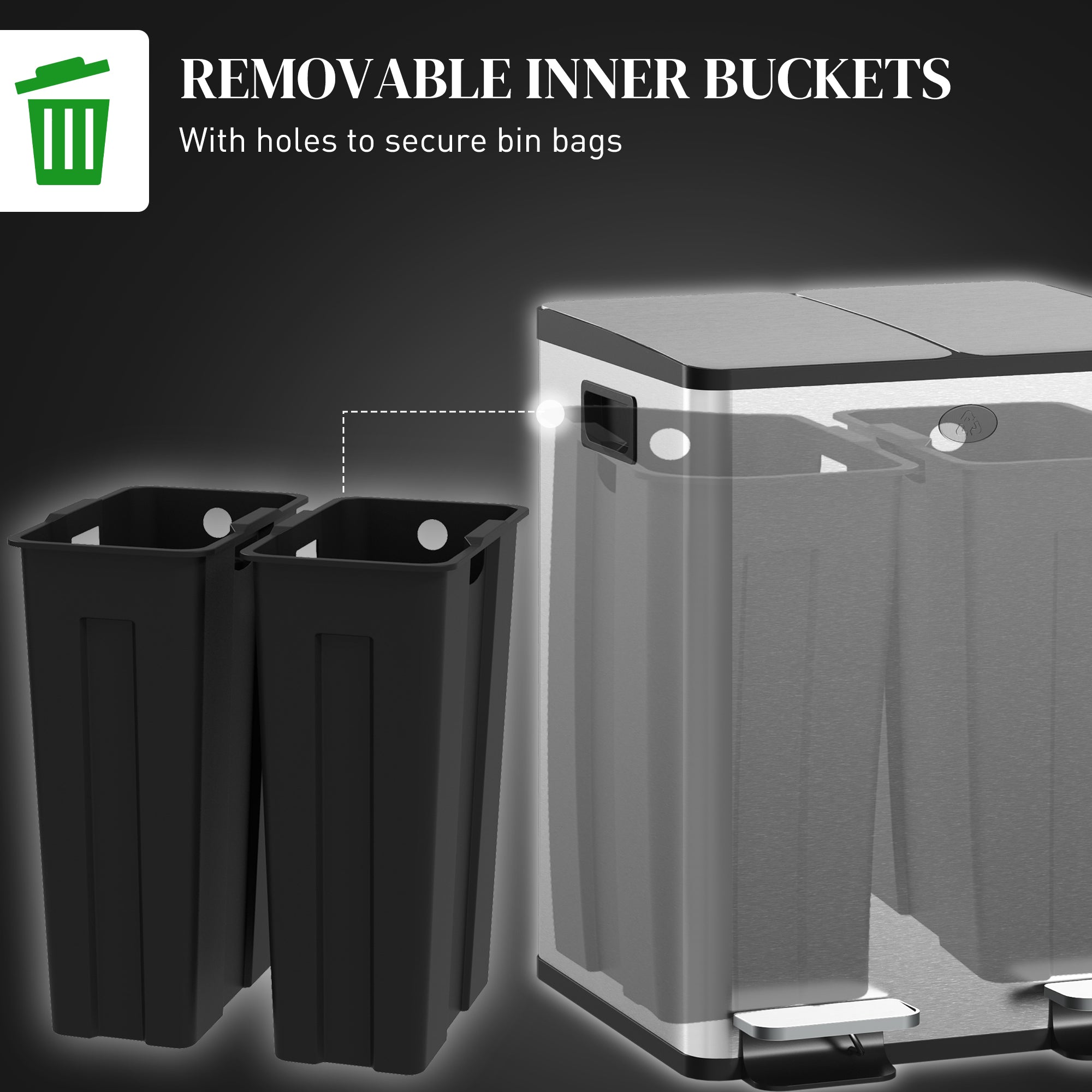 HOMCOM 40L Dual Compartment Stainless Steel Bin, with Deodoriser Holders - Silver Tone - North Peak Garden Furniture