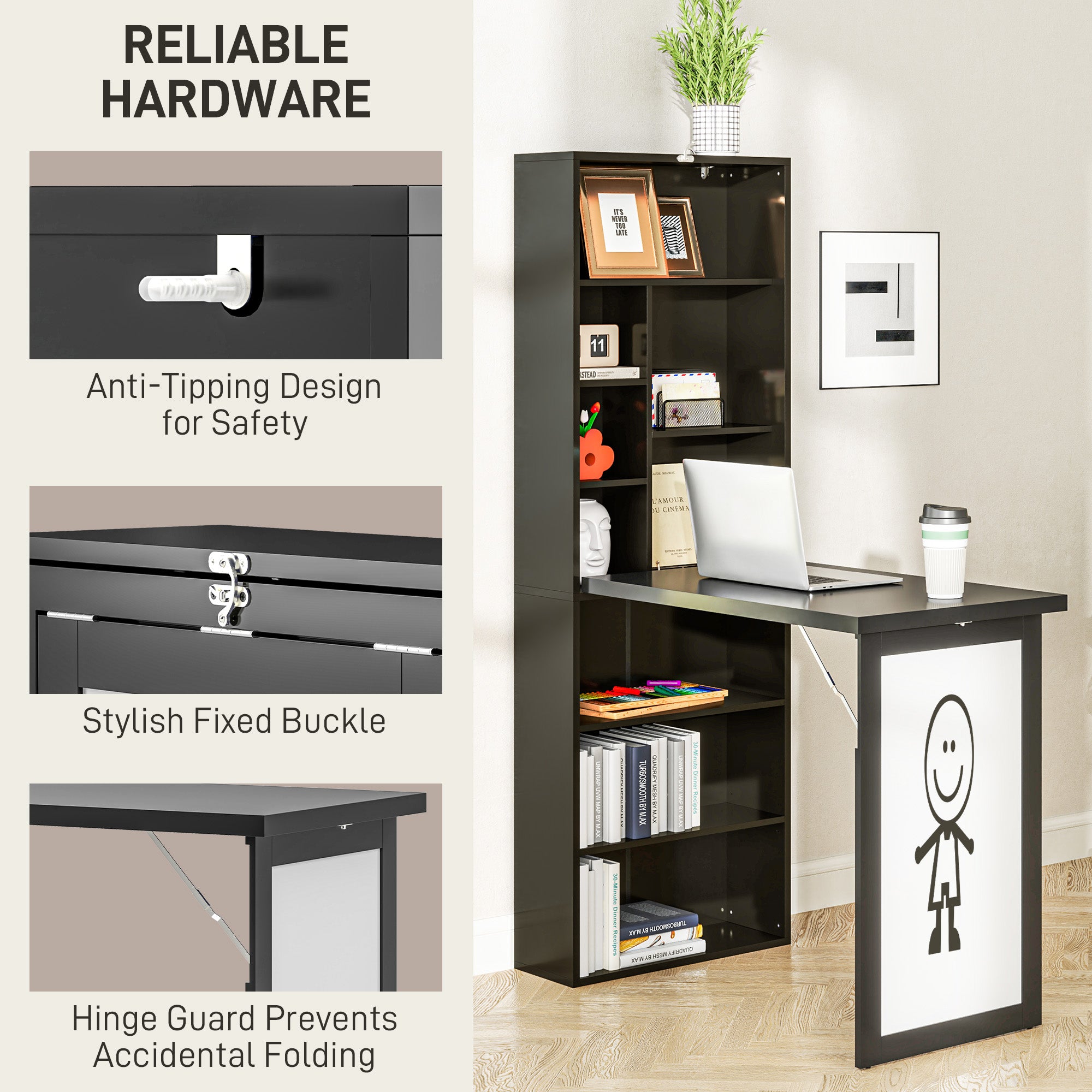 HOMCOM Three-Part Work Desk, with Storage and Chalkboard - Black - North Peak Garden Furniture