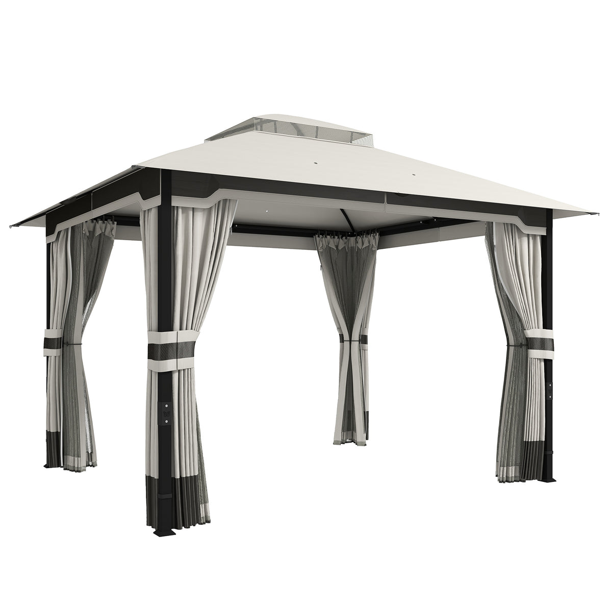 Outsunny 3 x 3.6 m Outdoor Garden Gazebo with Netting and Curtains, Double Roof Patio Gazebo Permanent Pavilion, Light Grey