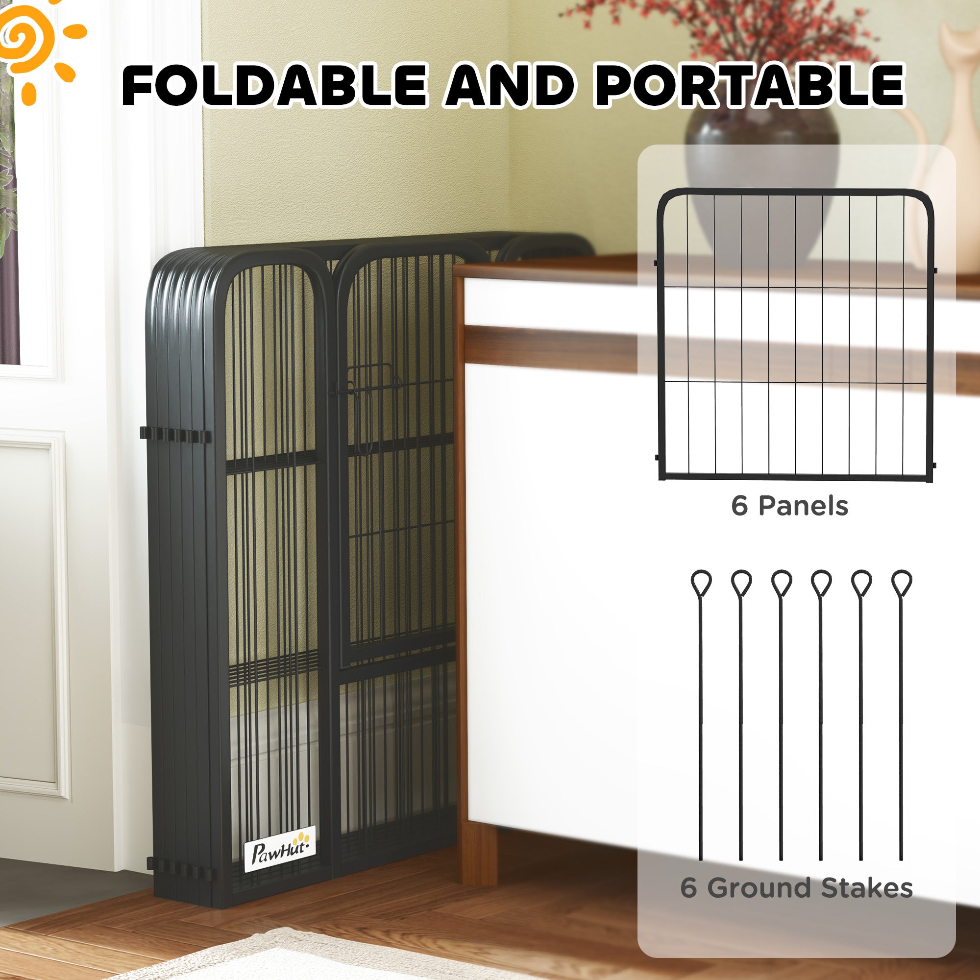 PawHut 6 Panels Heavy Duty Dog Playpen with Secure Door, for Indoor Outdoor, for Garden, Camping, 60cm High - North Peak Garden Furniture
