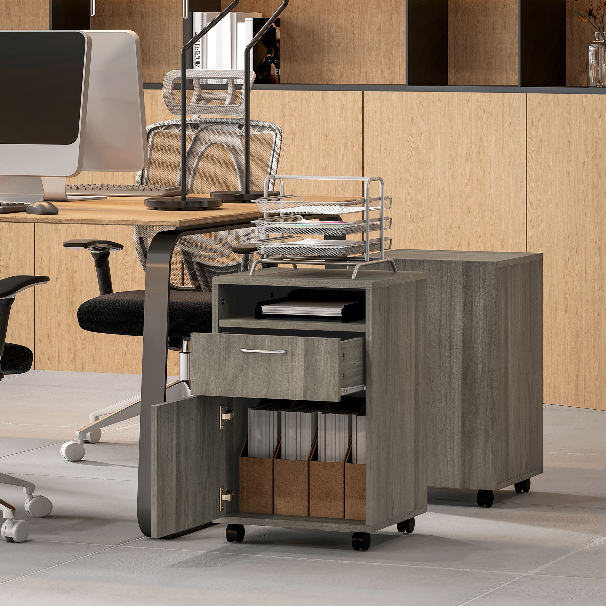 HOMCOM 60cm Filing Cabinet with Drawer, Open Shelf, Metal Handles and 4 Wheels, Office Home Organiser Mobile Printer, Grey - North Peak Garden Furniture
