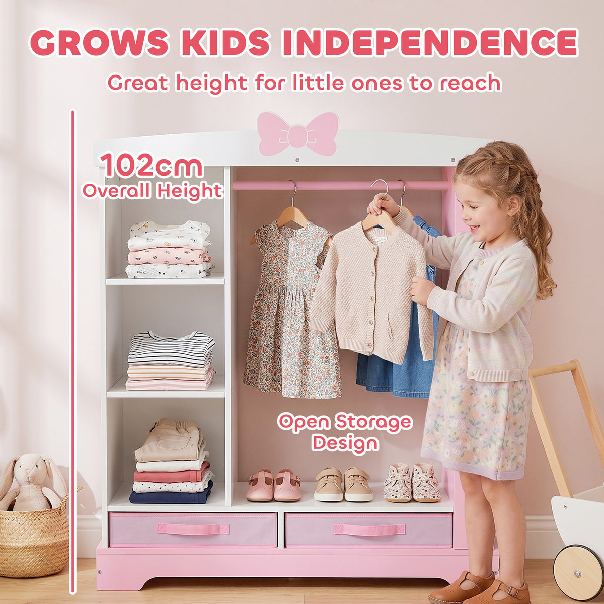 AIYAPLAY Kids Wardrobe with Lighted Mirror, Clothes Rail, Jewelry Cabinet, Shelves, Storage Boxes for Bedroom, Nursery, Pink