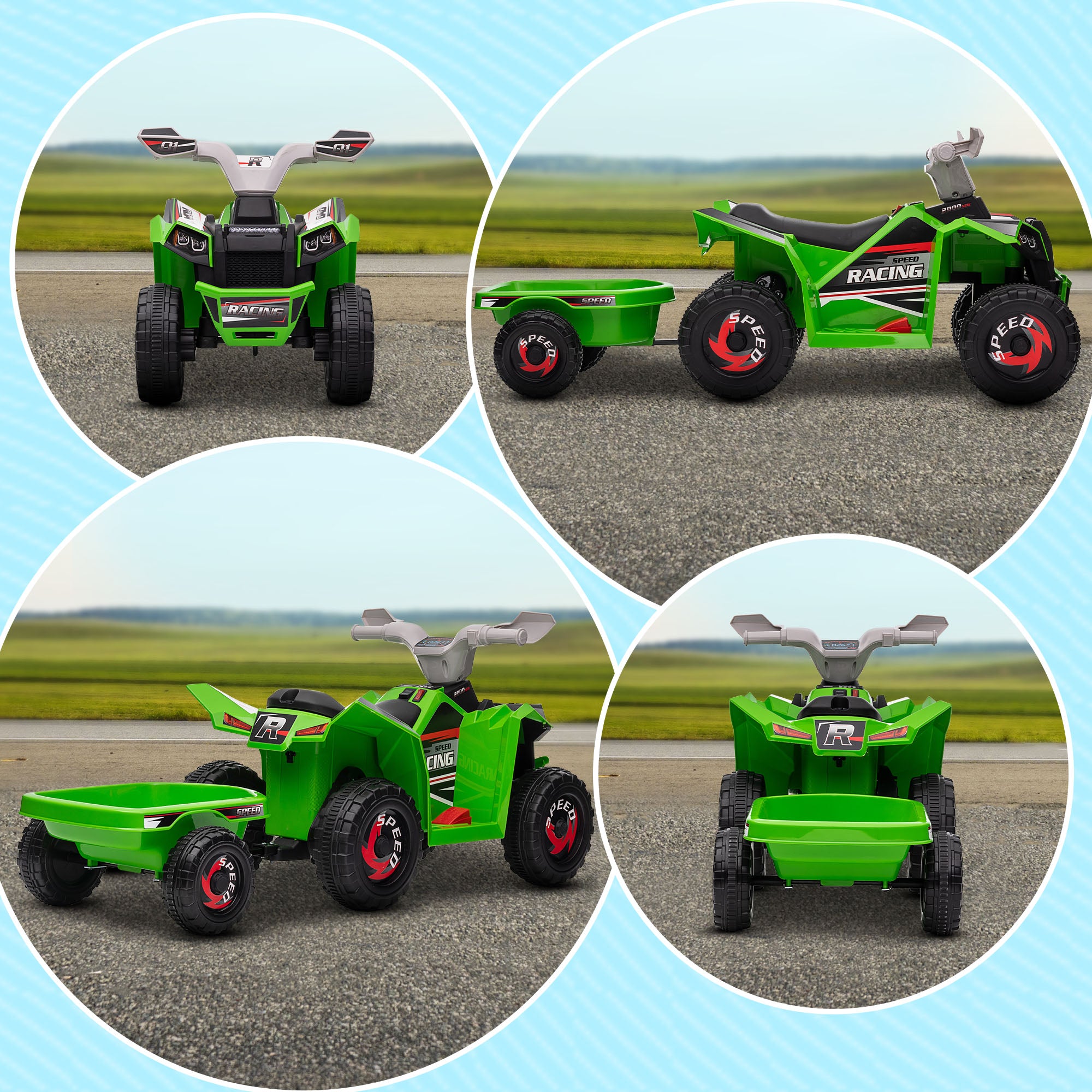 HOMCOM 6V Quad Bike with Back Trailer, Wear-Resistant Wheels, for Ages 18-36 Months, Green - North Peak Garden Furniture