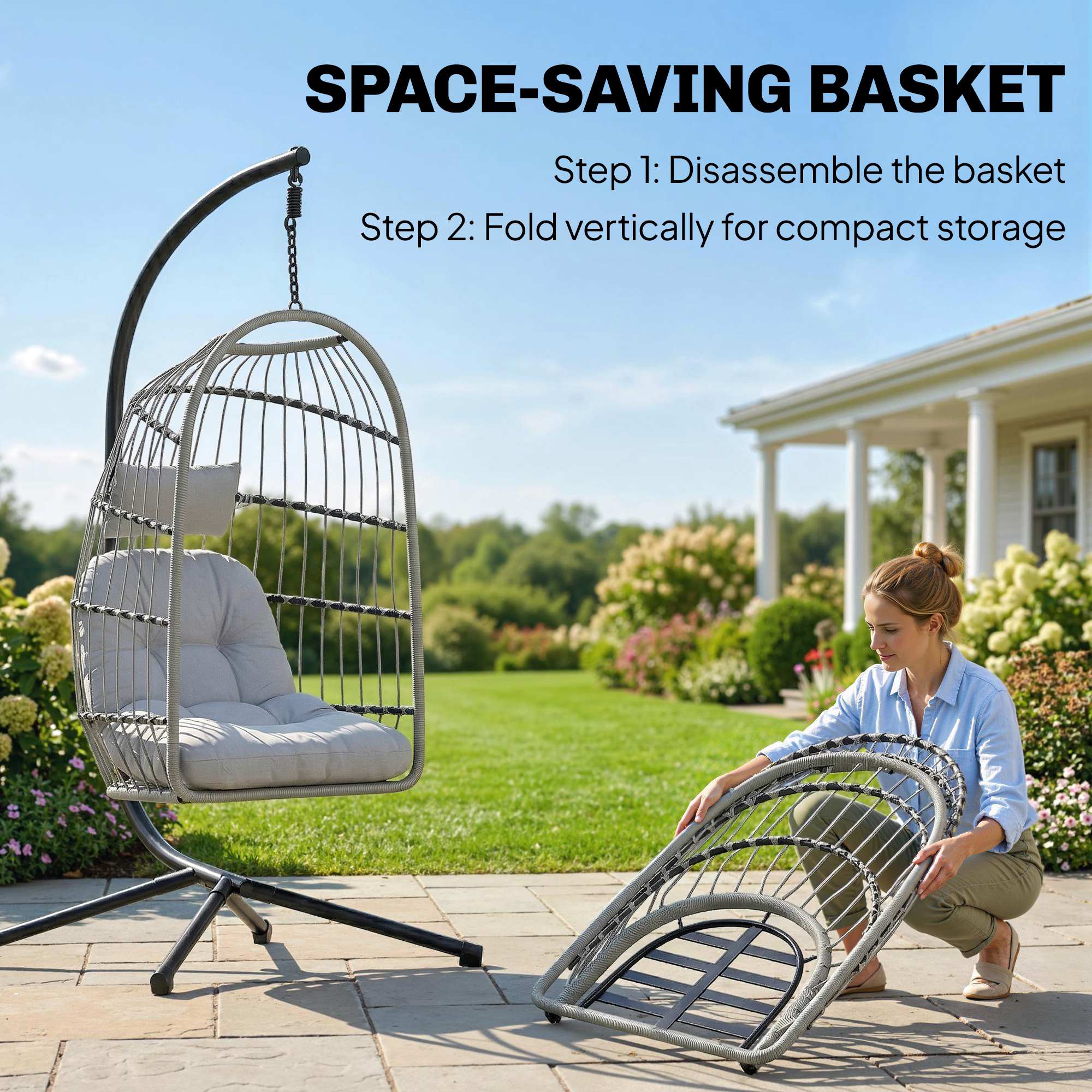 Outsunny Hanging Egg Chair, Indoor Outdoor Hammock Swing Chair with Stand, Safety Strap, Foldable Basket, Light Grey
