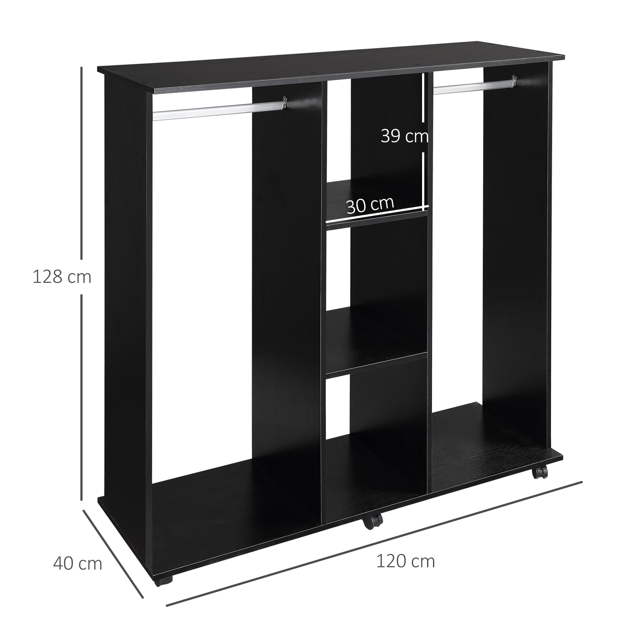 HOMCOM Double Open Wardrobe on Wheels, Bedroom Wardrobe with Clothes Hanging Rails, 3 Storage Shelves, Mobile Garment Rack for Cloakroom, Hallway, Black - North Peak Garden Furniture