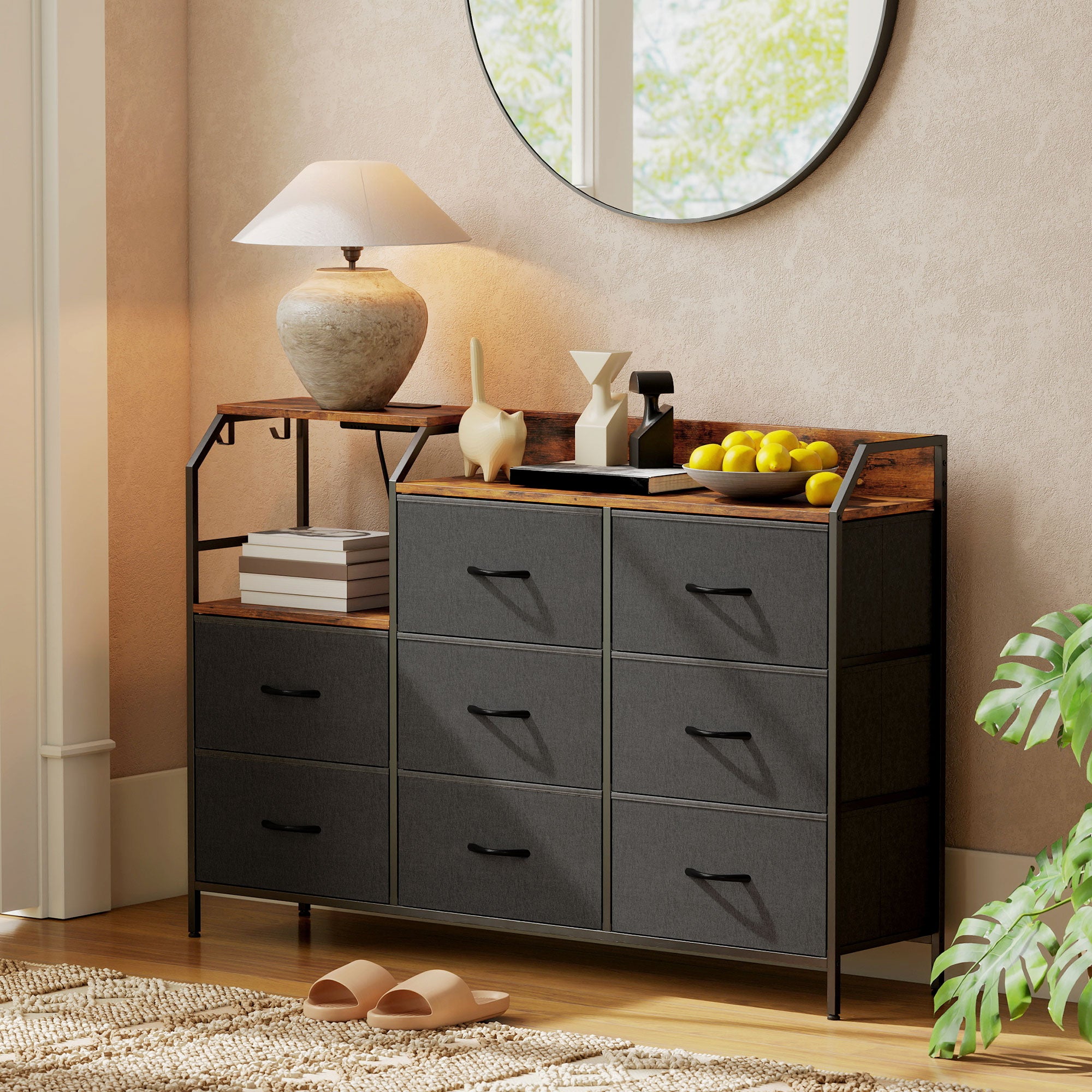 HOMCOM Chest of Eight Drawers, with Charging Station - Brown/Black