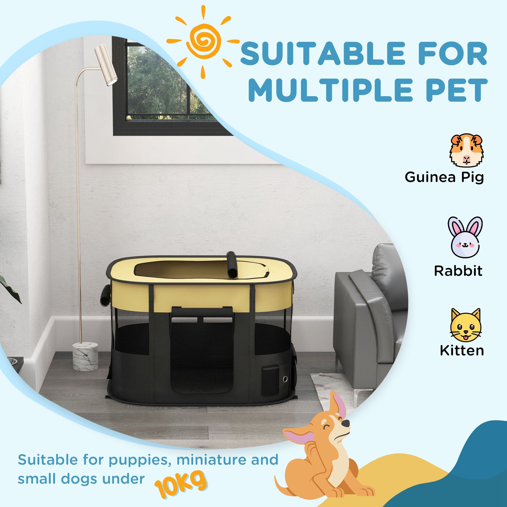 PawHut Foldable Dog Pen with Storage Bag for Indoor/Outdoor Use, Portable Pet playpen, with Ground Stakes - Yellow - North Peak Garden Furniture