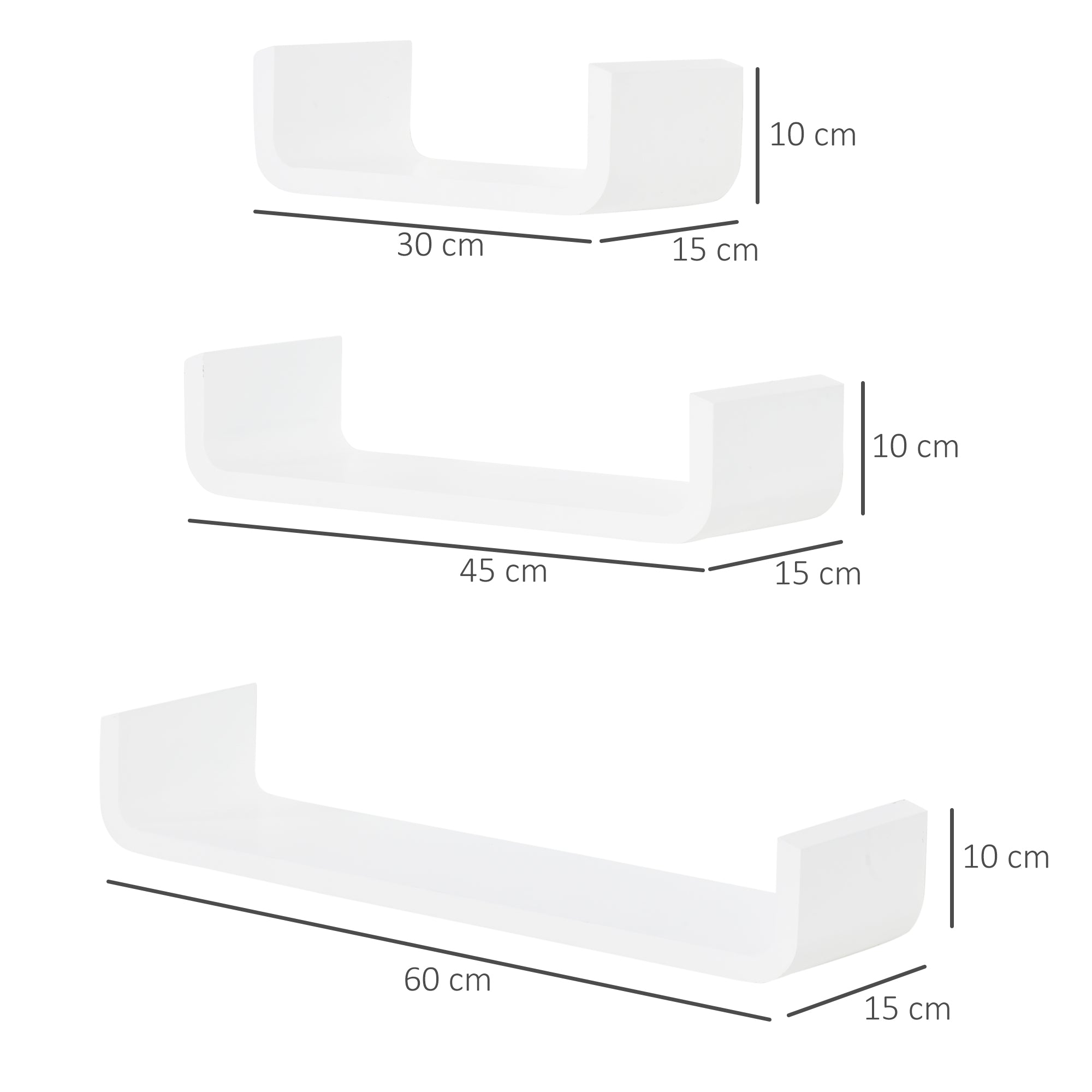 HOMCOM Floating Shelves, Set of 3 Wall Shelf, Shelves for Wall Invisible Mounting, Bedroom Living Room, White - North Peak Garden Furniture