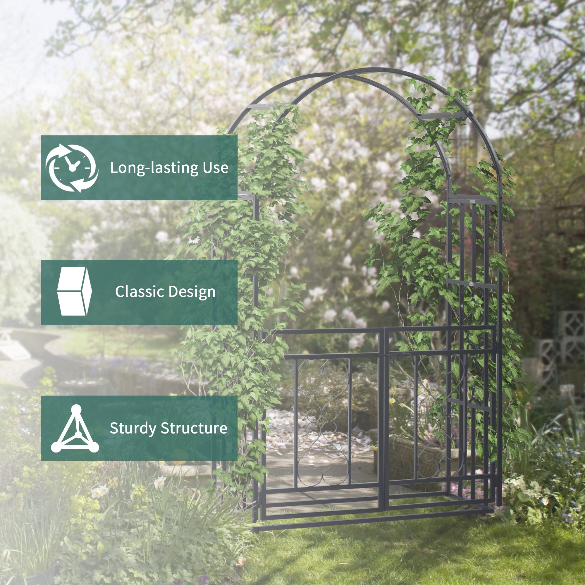 Outsunny Outdoor Garden Arch with Double Gates, Metal Garden Arbor for Climbing Plants, Roses, Vines, Wedding Arch for Outdoor, 114L x 50W x 206H cm, Dark Grey - North Peak Garden Furniture