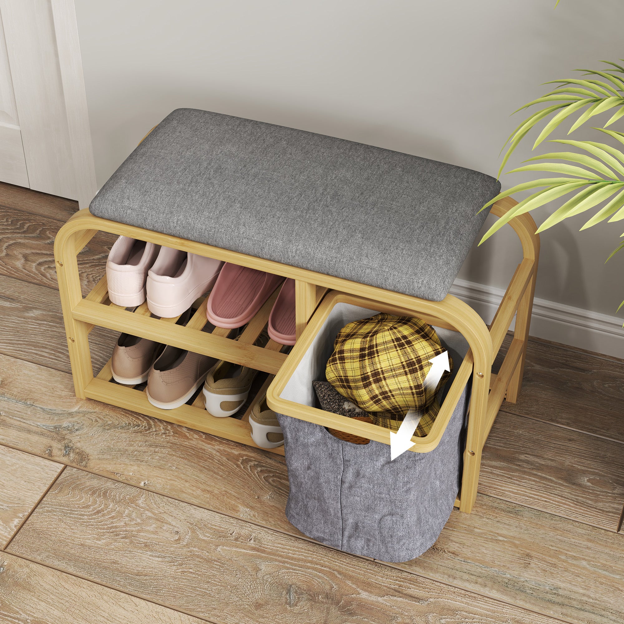HOMCOM Bamboo Shoe Rack Bench with Padded Seat - Nature Wood Finish - North Peak Garden Furniture
