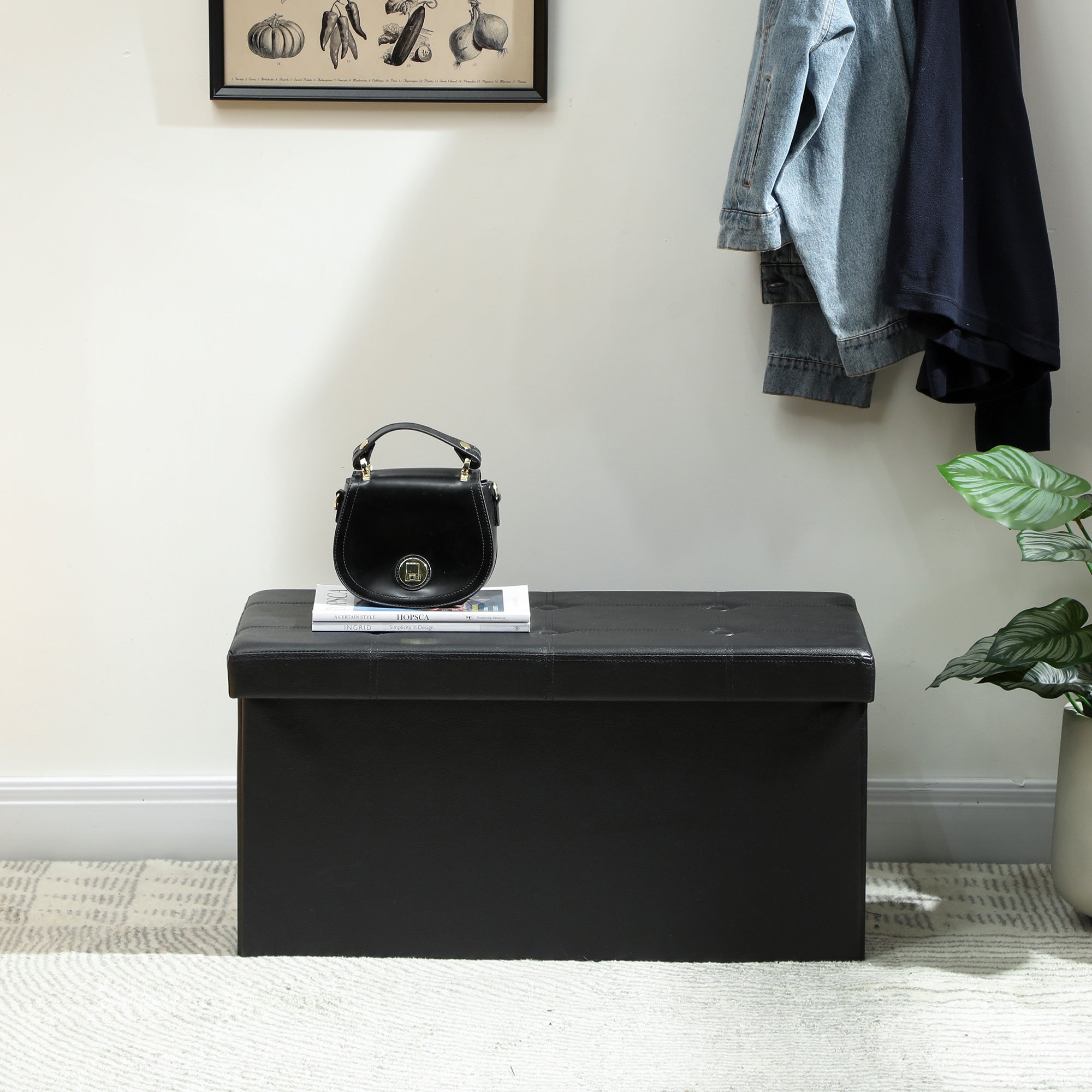 HOMCOM Storage Ottoman Bench, 89L PU Leather Folding Foot Rest Stool, End of Bed Bench, Easy Assembly, for Living Room, Bedroom, Entryway, Black