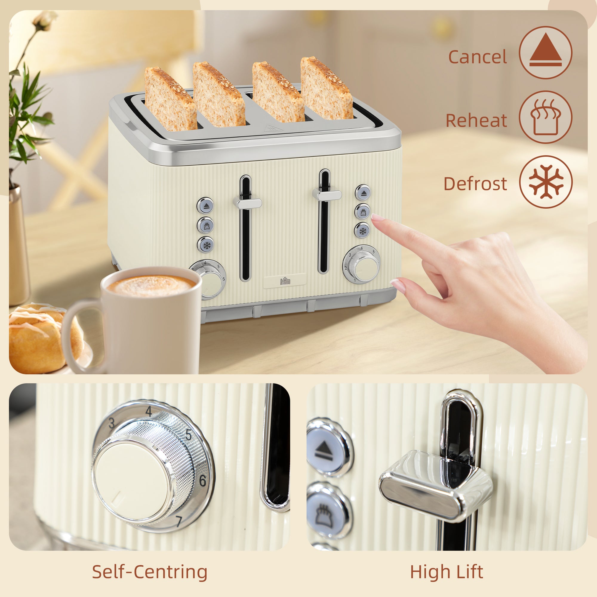 HOMCOM Electric Kettle and Toaster Set, 3000W 1.7L UK Strix Thermostat Rapid Boil Jug Kettle with Limescale Filter, Cool Touch Body, 4 Slice Toaster with 7 Browning Controls, Crumb Tray, Cream