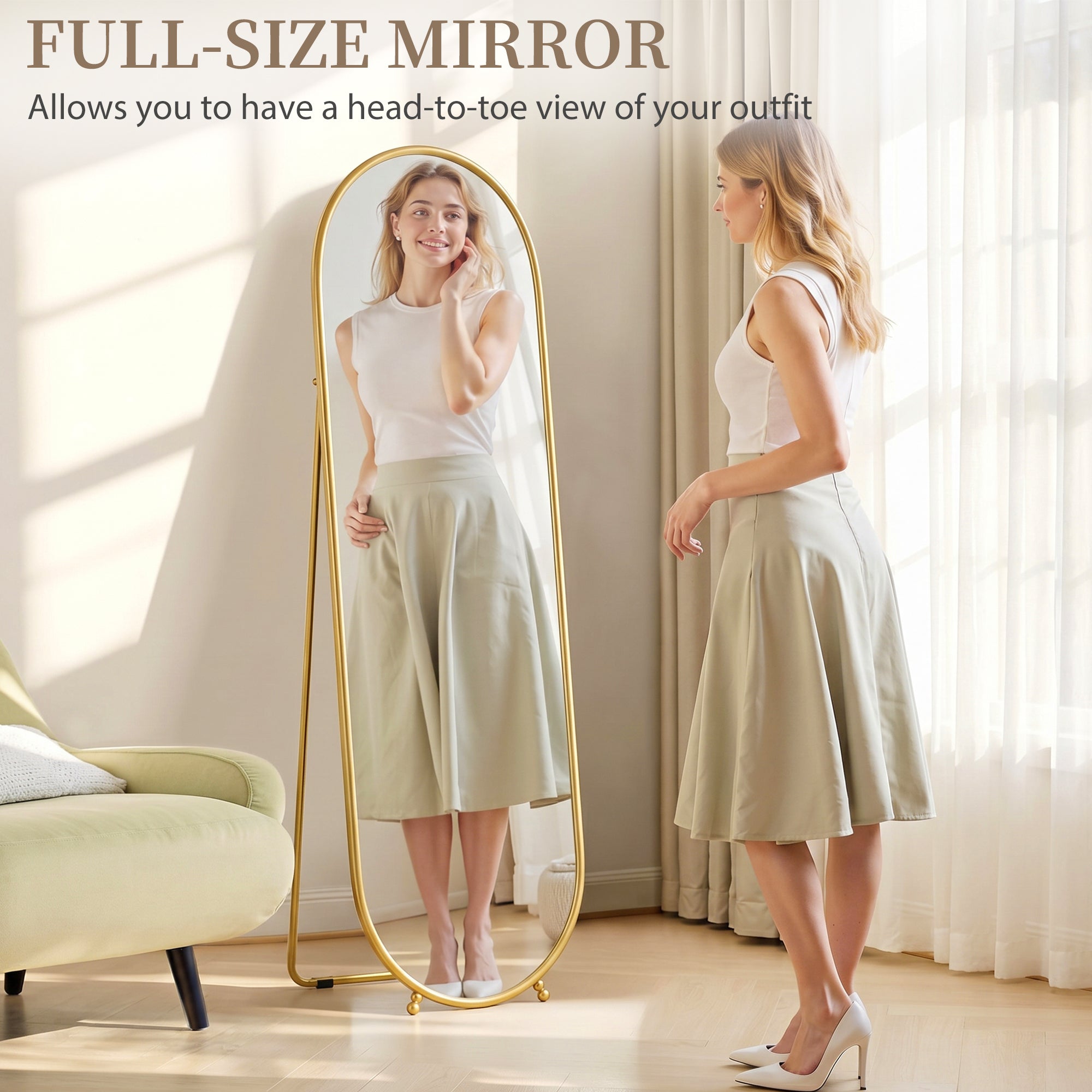 HOMCOM Three-Way Curved Full Length Mirror - Gold Tone