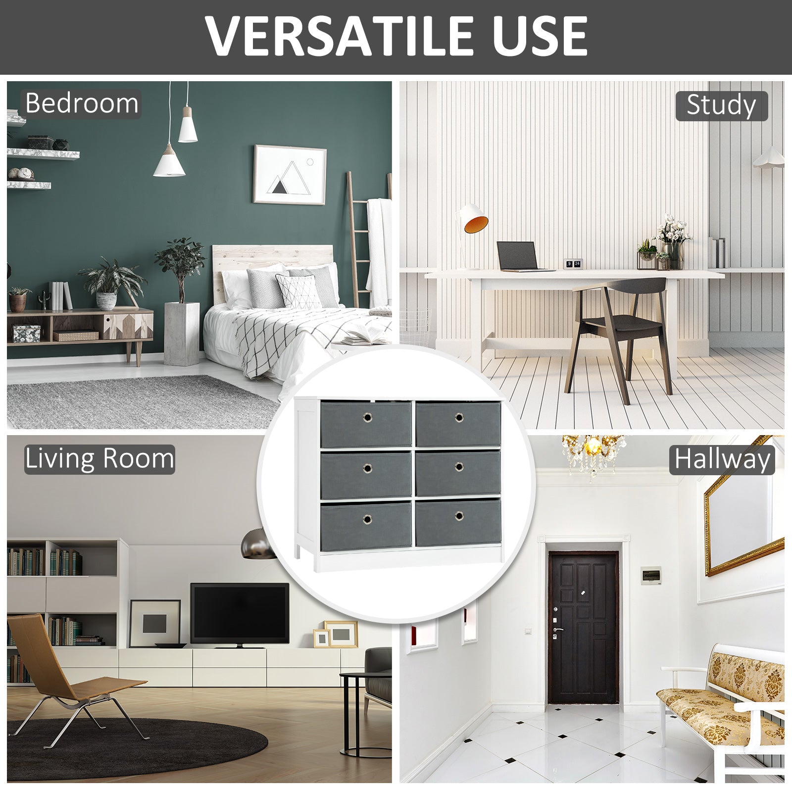 HOMCOM Chests of Drawer, Fabric Dresser Storage Cabinet with 6 Drawers for Bedroom, Living Room and Hallway, White and Grey - North Peak Garden Furniture