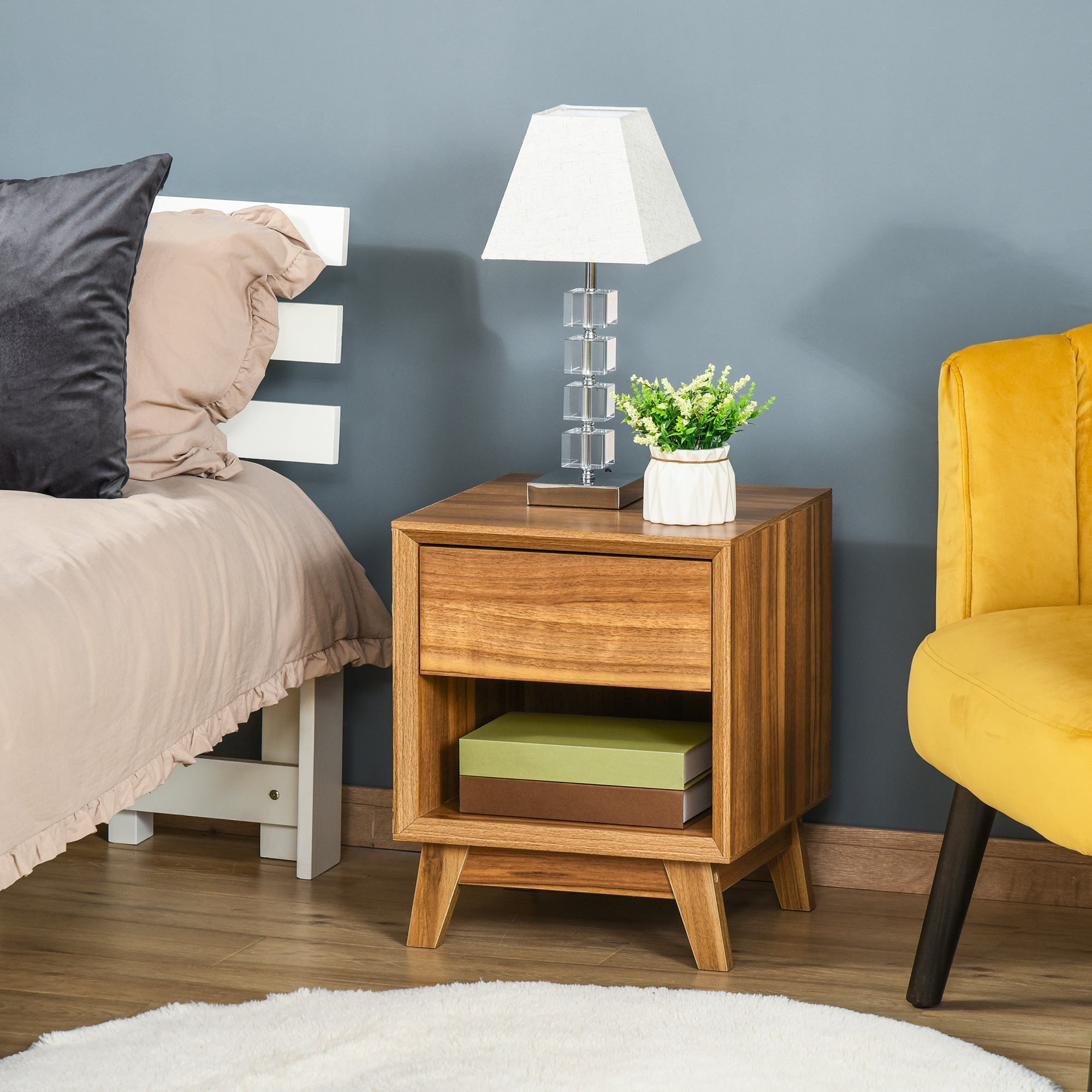 HOMCOM Modern Bedside Table Nightstand, Living Room End Table, Side Table with Drawer and Shelf, Walnut Brown - North Peak Garden Furniture