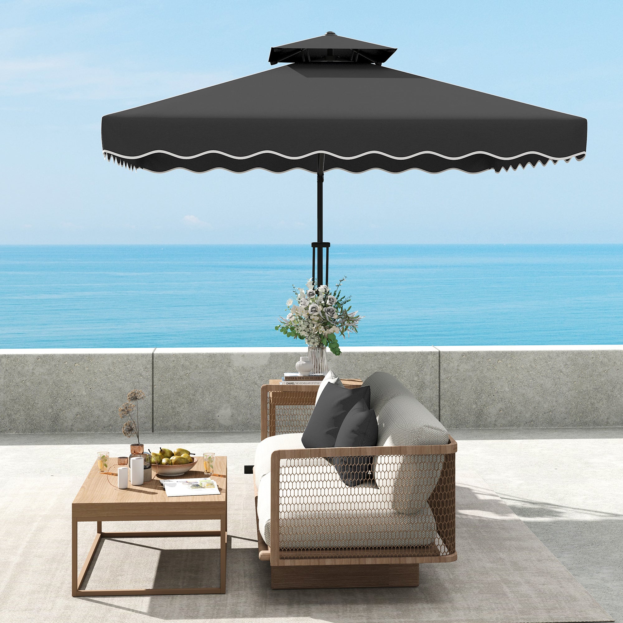 Outsunny 2.5m Cantilever Parasol with Easy Lever, Square Double Top Garden Parasol Umbrella with Ruffles and Cross Base, Overhanging Outdoor Sun Shades, Black - North Peak Garden Furniture