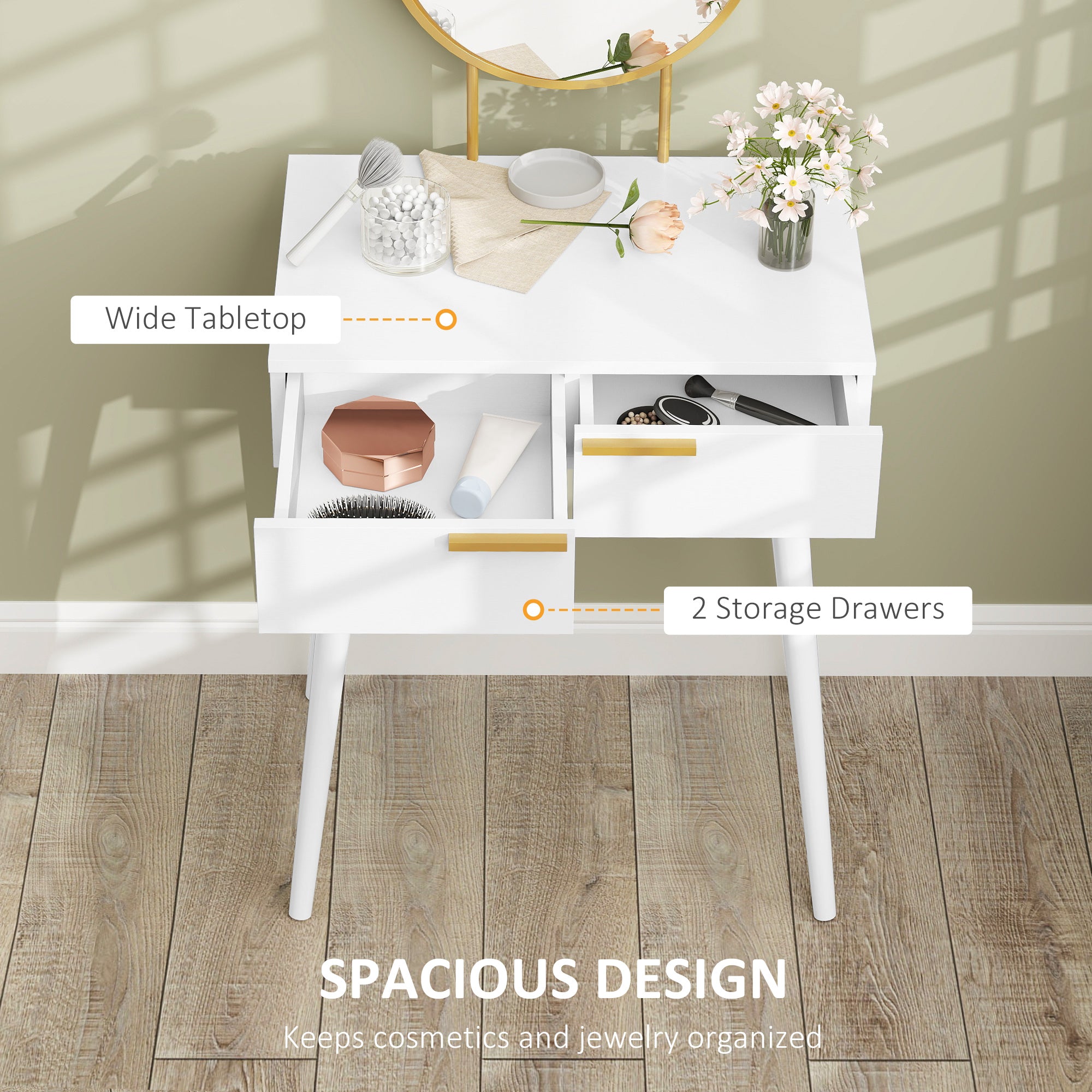 HOMCOM Elegant Dressing Table, with Round Mirror, 60 x 40 x 123 cm - White - North Peak Garden Furniture