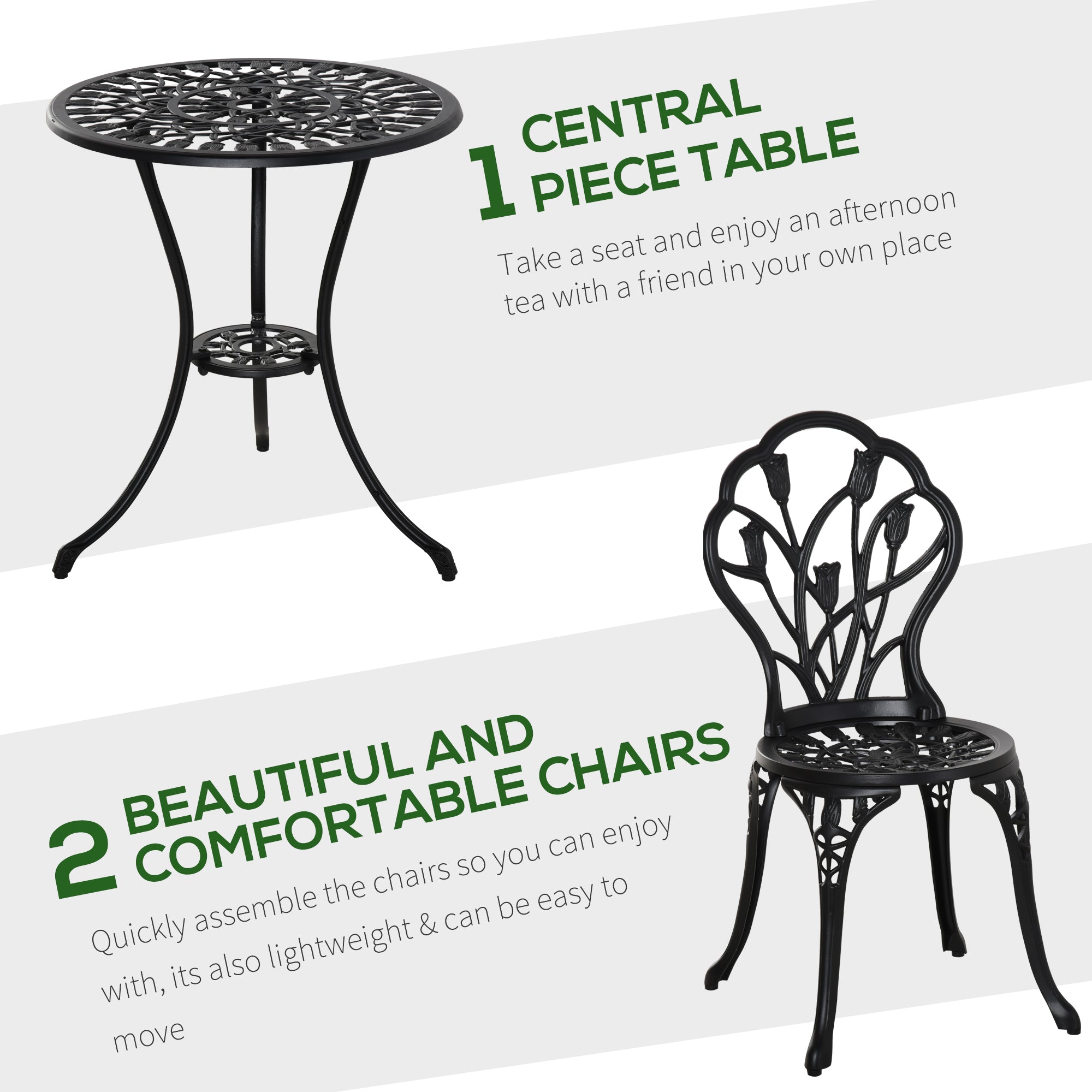 Outsunny Three-Piece Aluminium Floral Bistro Garden Set - Black - North Peak Garden Furniture