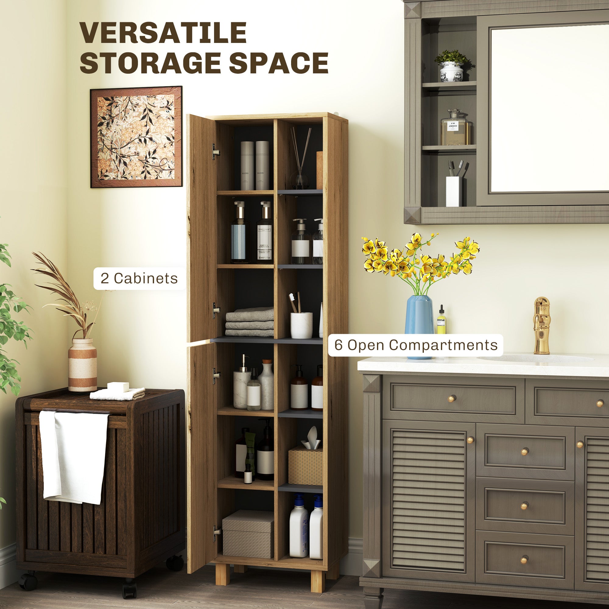 HOMCOM Multi-Storage Slim Bathroom Cabinet - Wood-Effect - North Peak Garden Furniture