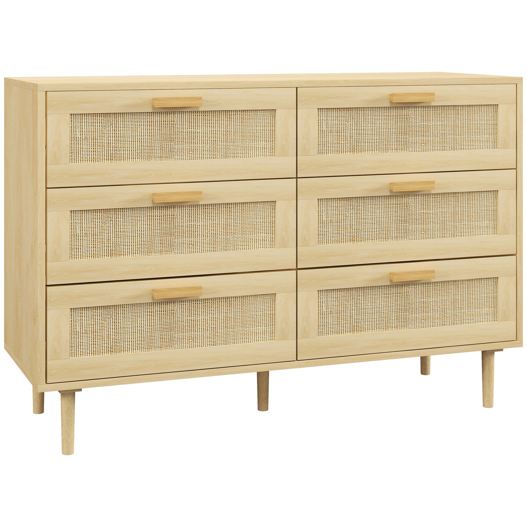 HOMCOM Chest of Drawers, 6-Drawer Dresser, Tall Storage Drawer Unit with Rattan Element for Bedroom, Living Room, Oak