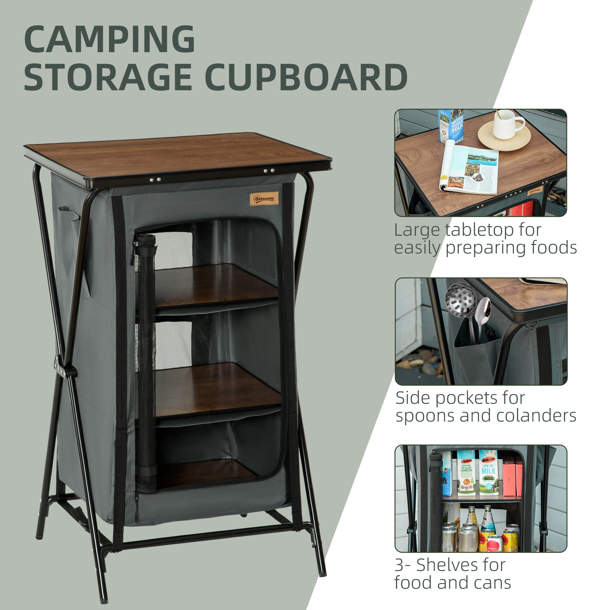 Outsunny Camping Cupboard, Aluminium Foldable Camping Kitchen Station Cook Table with Storage Shelves and Carrying Bag for BBQ Party Picnic Backyard - North Peak Garden Furniture