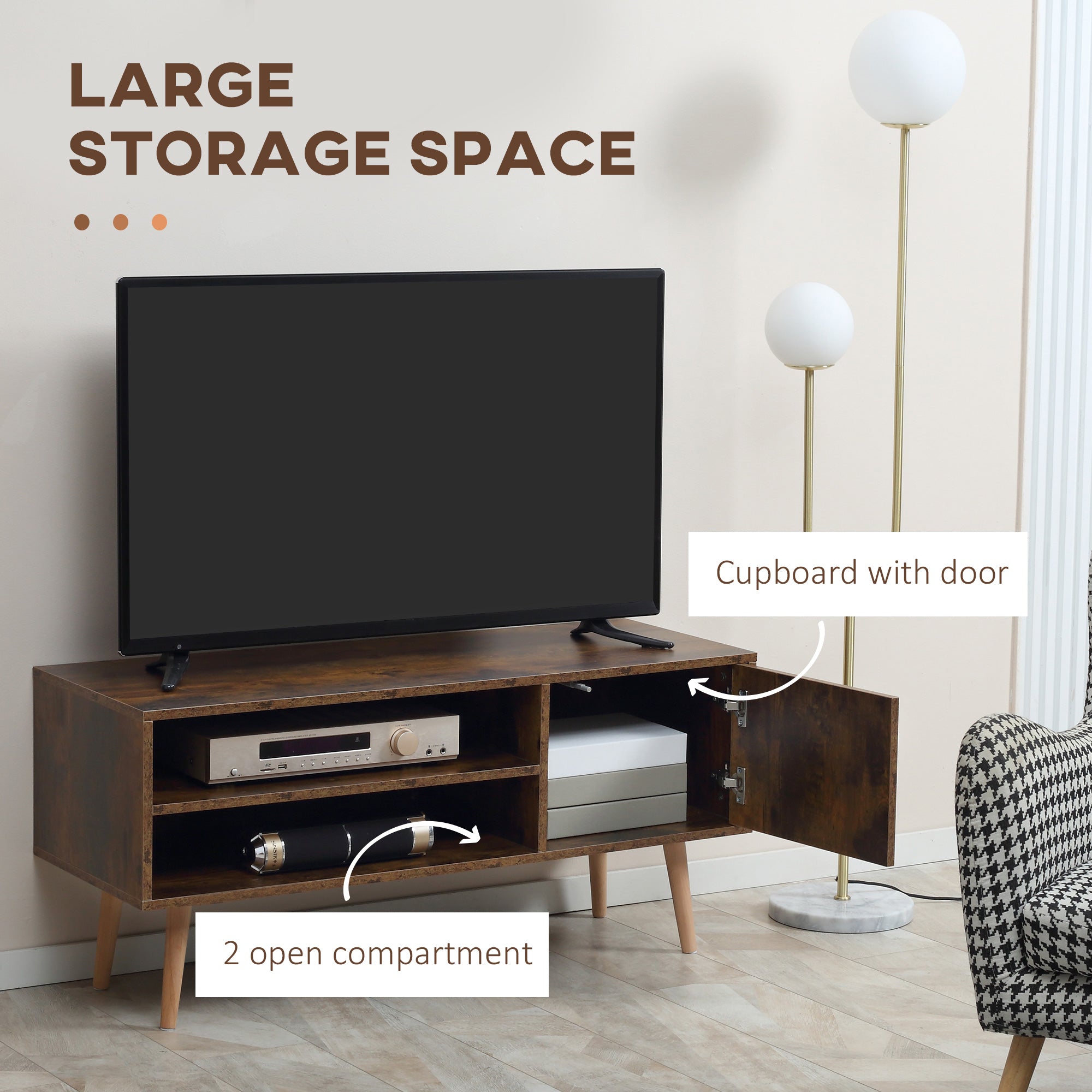 HOMCOM TV Unit Cabinet for TVs up to 55 Inches, TV Stand with Cupboard and Storage Shelves, Cable Holes for Living Room, Brown - North Peak Garden Furniture