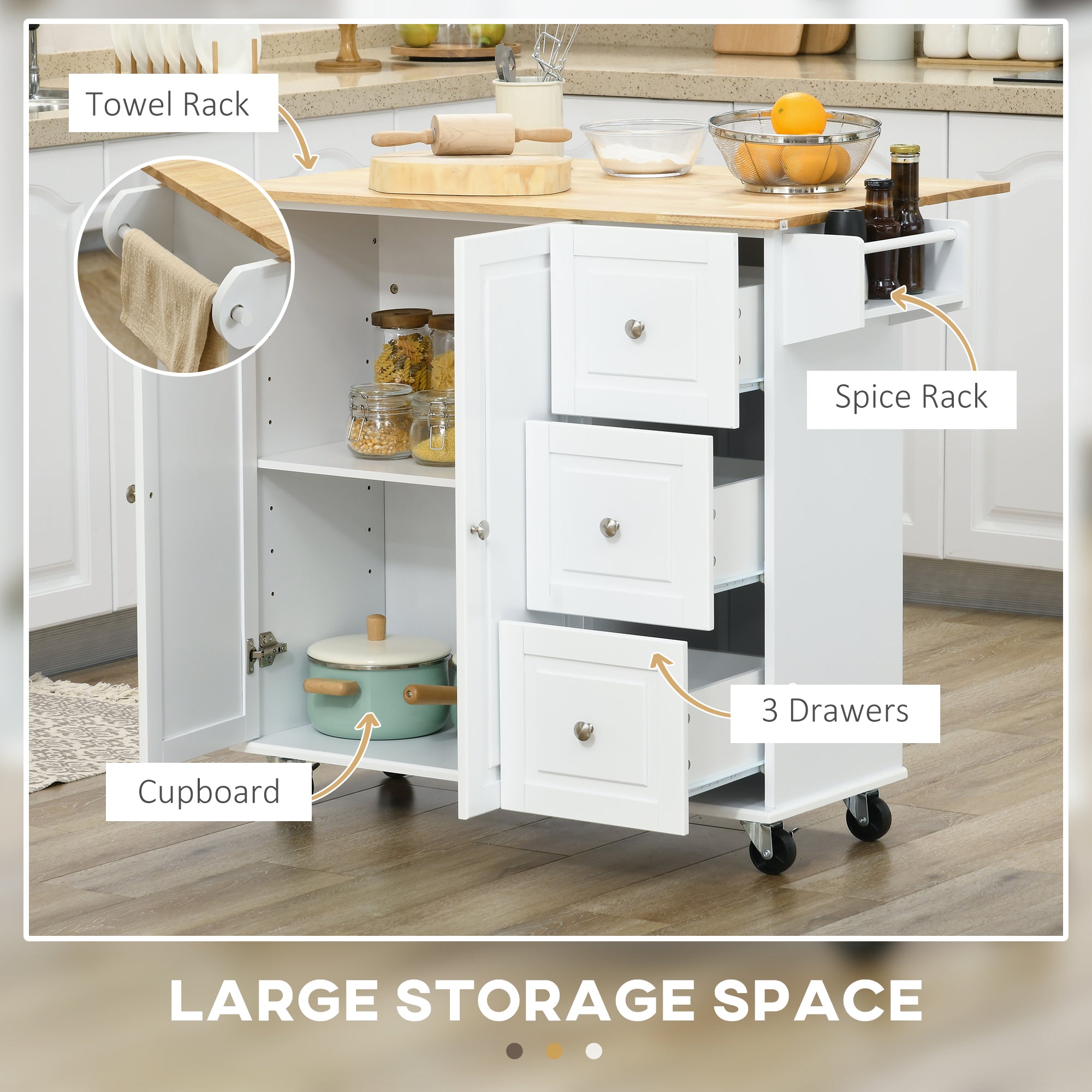 HOMCOM Kitchen Island with Drop Leaf, Rolling Kitchen Storage Trolley on Wheels with 3 Drawers, Spice Rack and Towel Rack, Storage Cart with Rubber Wood Top, White - North Peak Garden Furniture