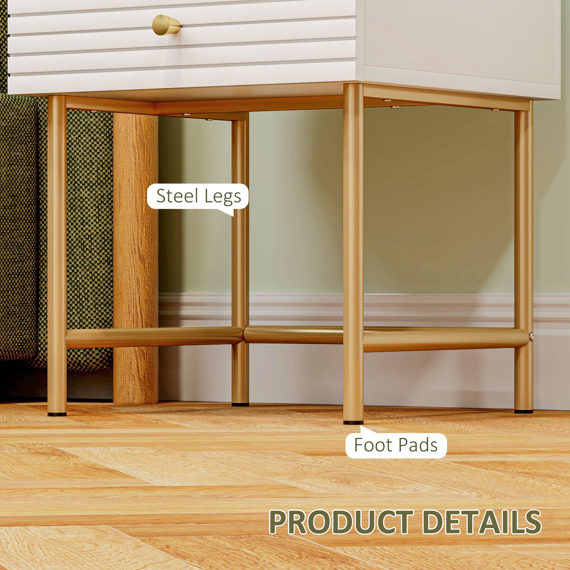 HOMCOM Set of Two Elegant Bedside Tables - White/Gold-Tone - North Peak Garden Furniture