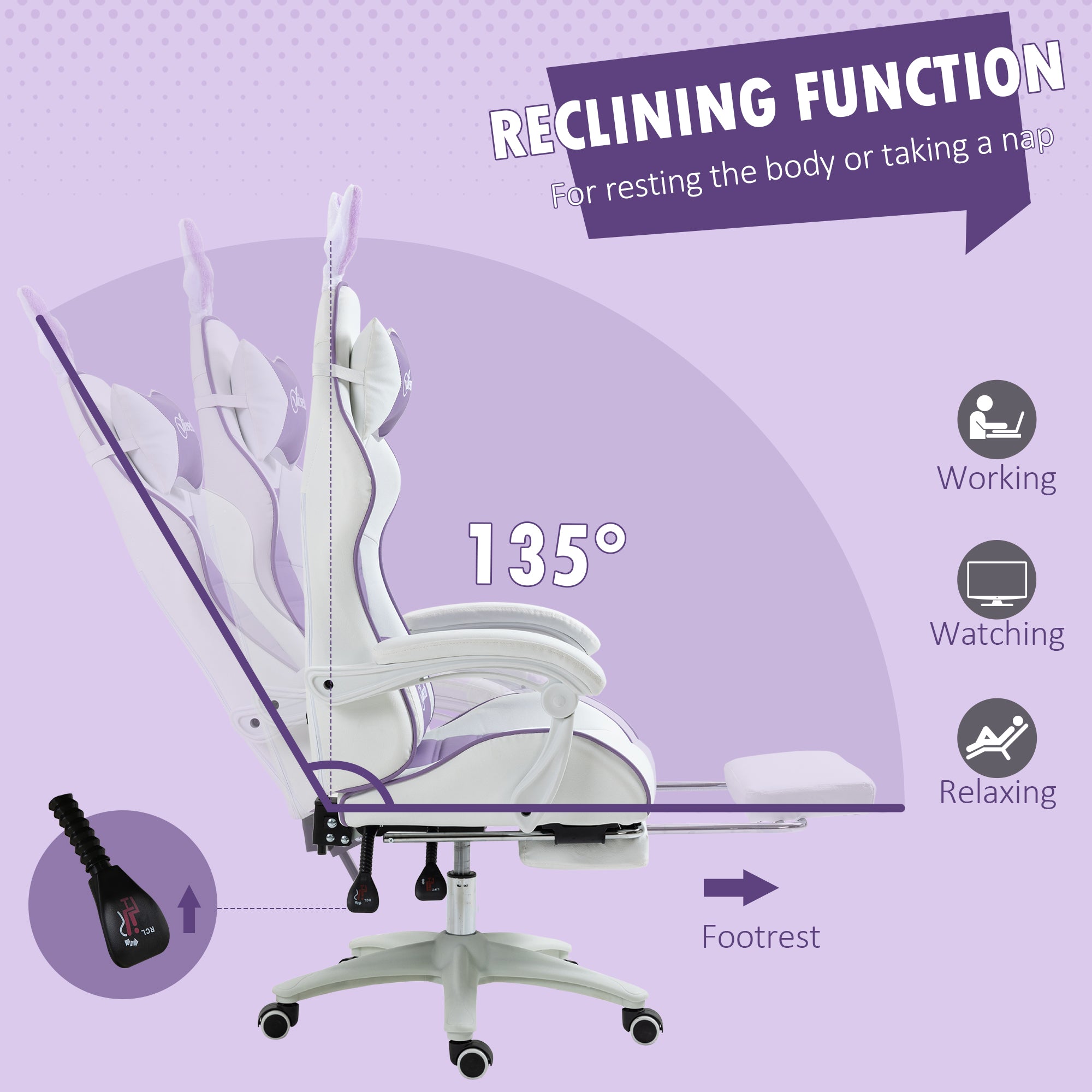 Vinsetto Racing Gaming Chair, Reclining PU Leather Computer Chair with Removable Rabbit Ears, Footrest, Headrest and Lumber Support, Purple - North Peak Garden Furniture