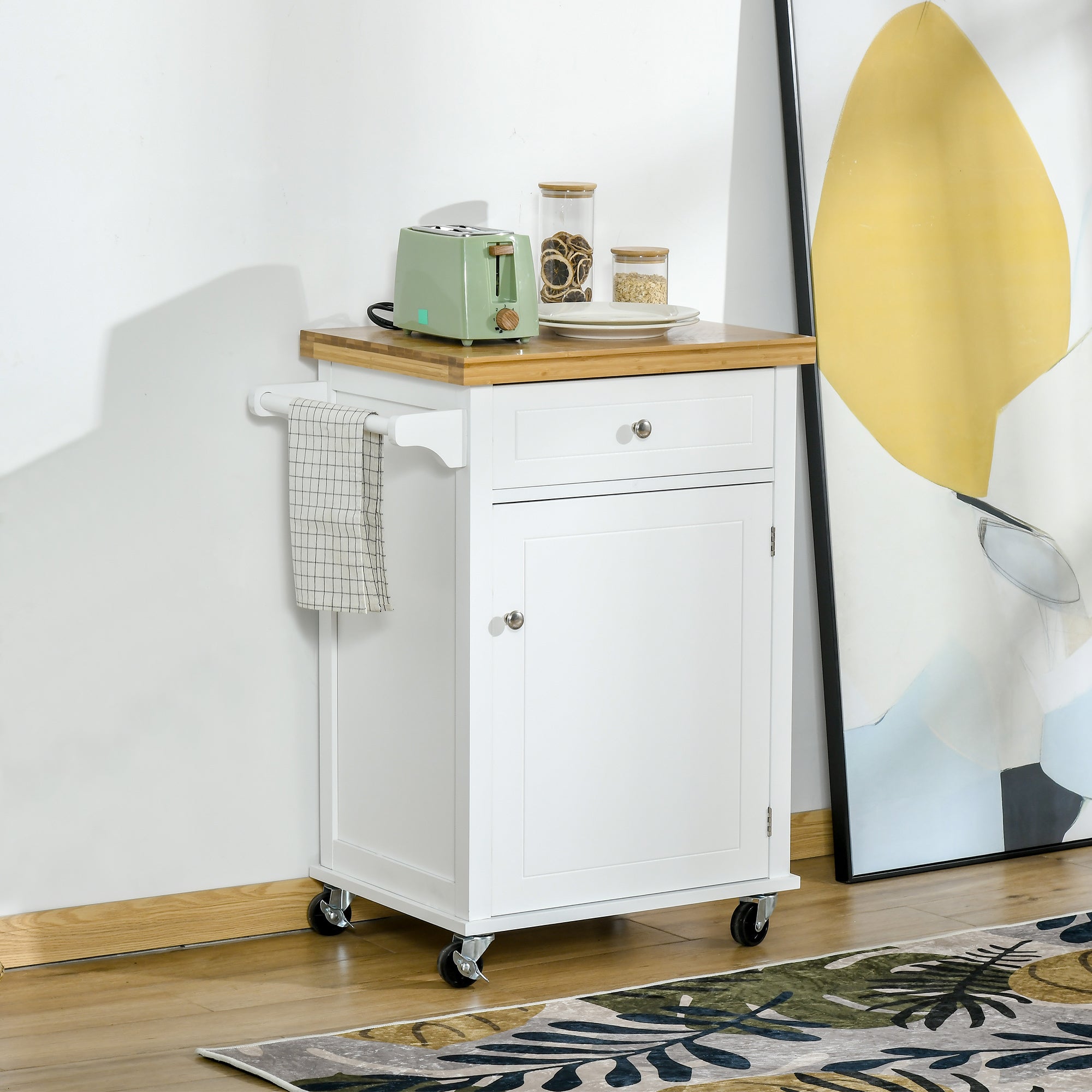 HOMCOM Kitchen Cart Storage Trolley Wooden Cabinet with Drawer Cupboard Towel Rail White - North Peak Garden Furniture