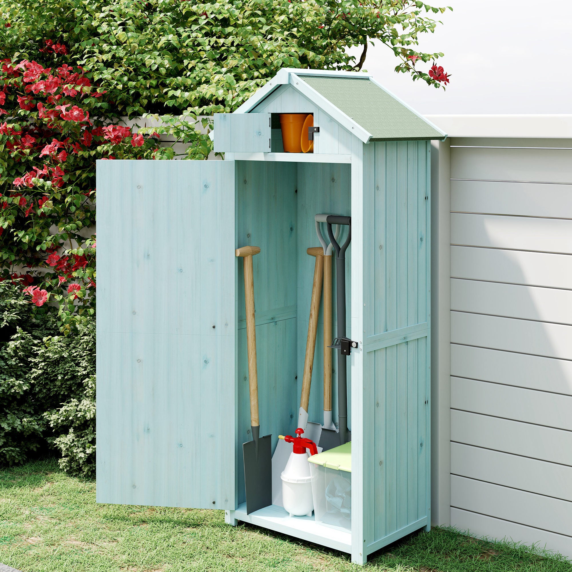 Outsunny Garden Shed Vertical Utility 3 Shelves Shed Wood Outdoor Garden Tool Storage Unit Storage Cabinet, 77 x 54.2 x 179cm - Blue