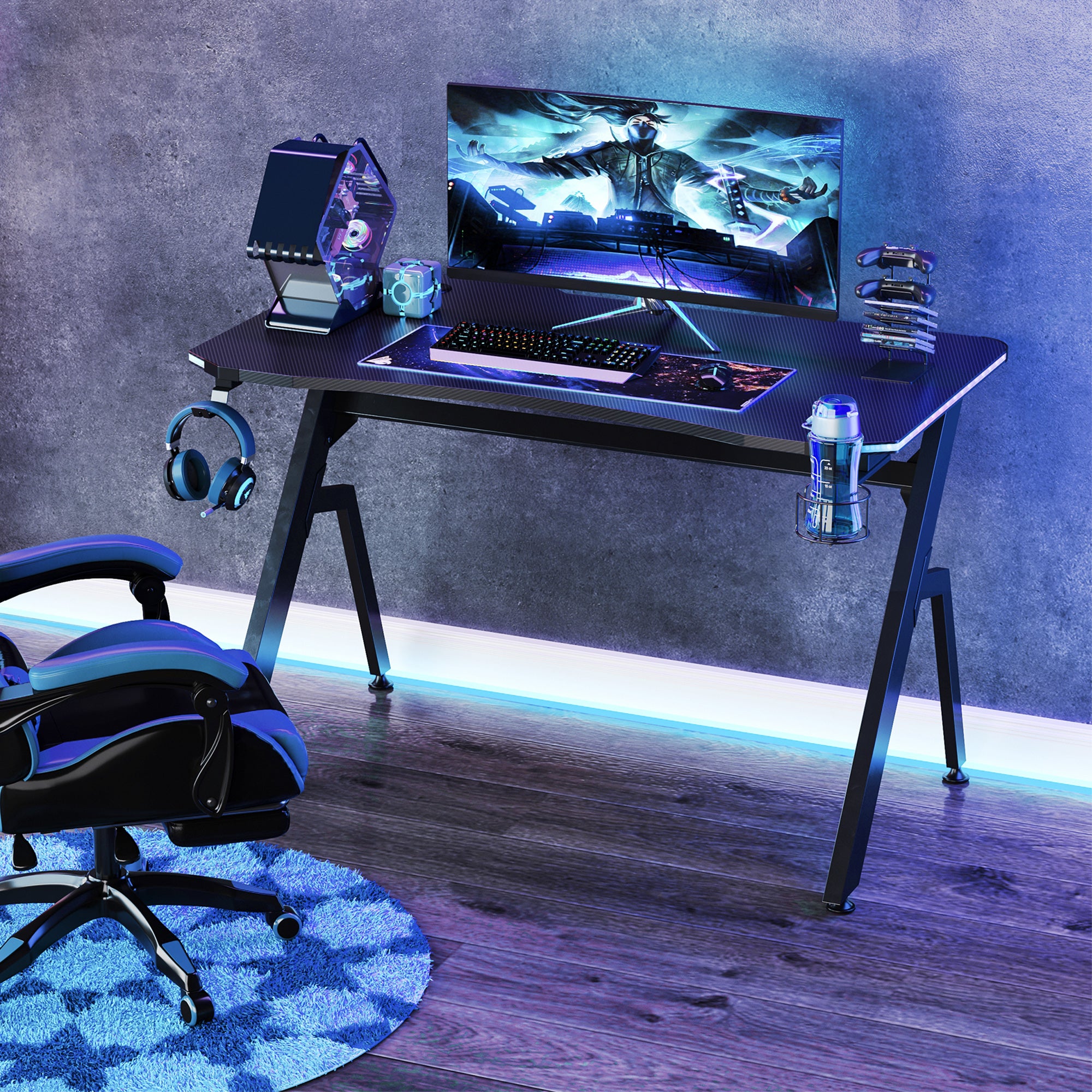 HOMCOM RGB 120 x 66cm Gaming Desk, Computer Table with Carbon Fibre Surface, Headphone Hook, Cup Holder, Controller Rack, Home Office Desk, Black - North Peak Garden Furniture