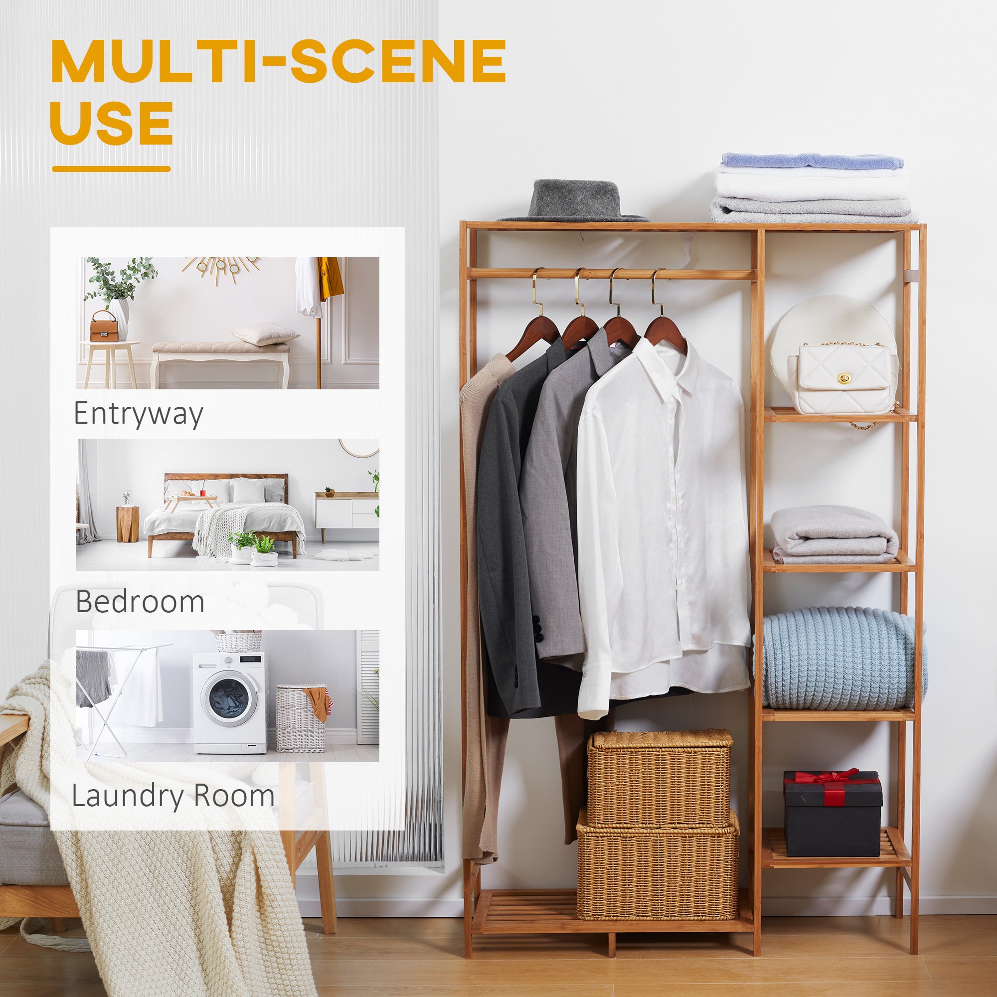HOMCOM Bamboo Clothes Rack for Bedroom Garment Rack with 6-Tier Storage Shelf Hanging Rod Clothes Rail for Living Room Entryway - North Peak Garden Furniture