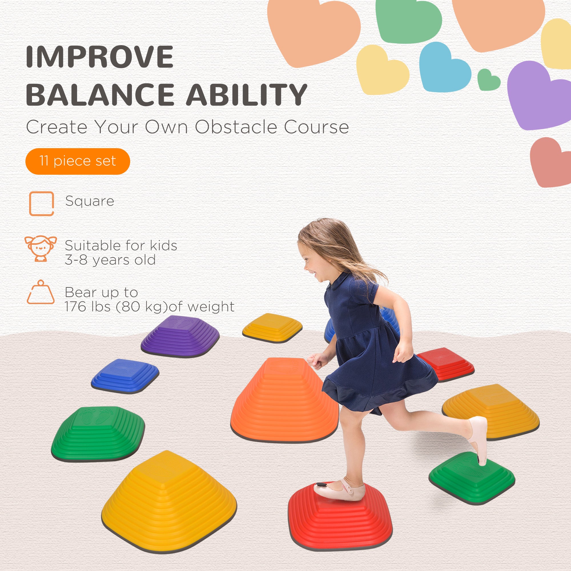 AIYAPLAY Balance Stepping Stones for Kids, 11PCs Non-Slip Stackable River Stones, Obstacle Courses for Balance & Motor Skills