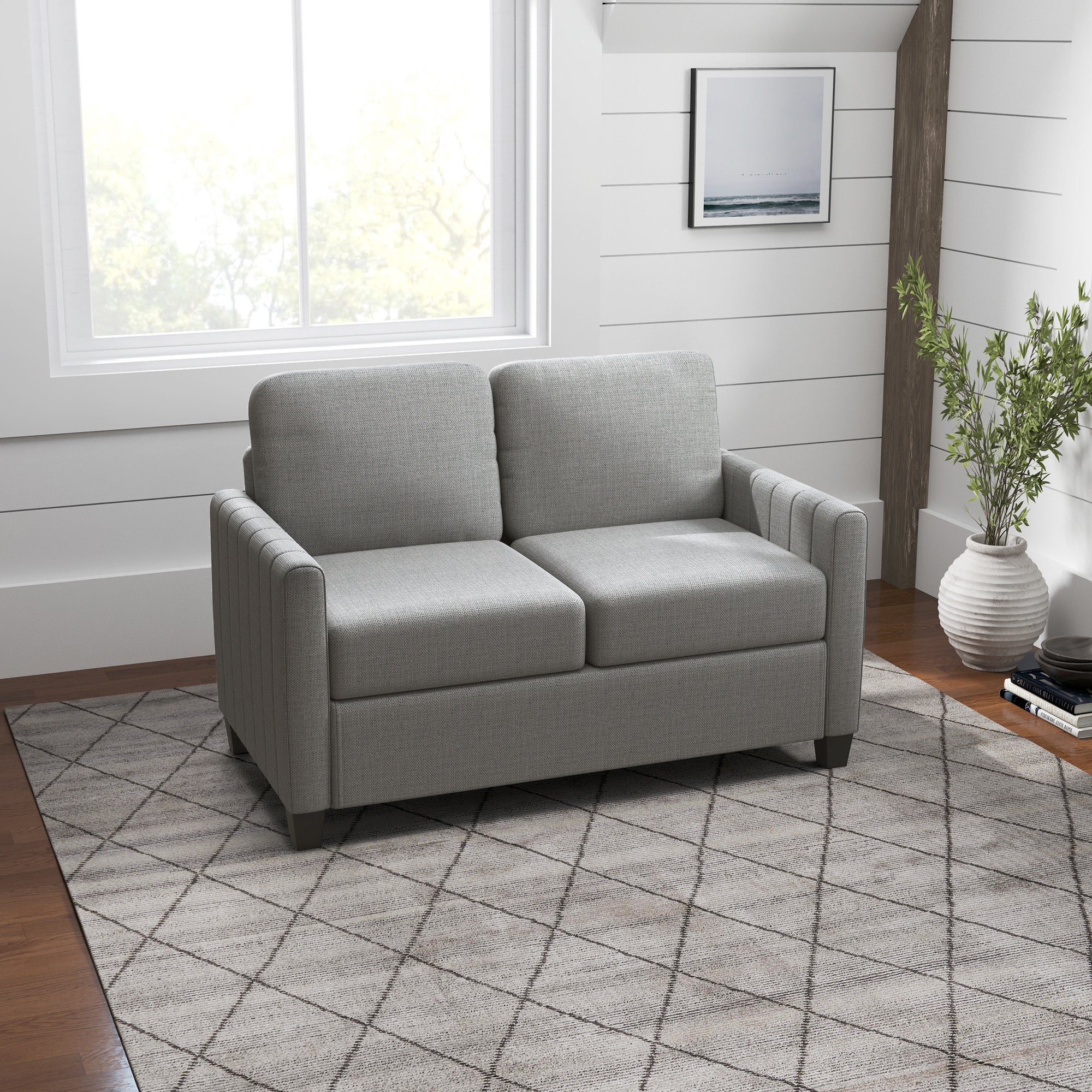 HOMCOM 2 Seater Sofa, Channel Tufted Modern Fabric Couch, Comfy Upholstered Small Sofa Loveseat with Spring Cushion, Back Pillow, for Living Room, Bedroom, Office, Light Grey - North Peak Garden Furniture