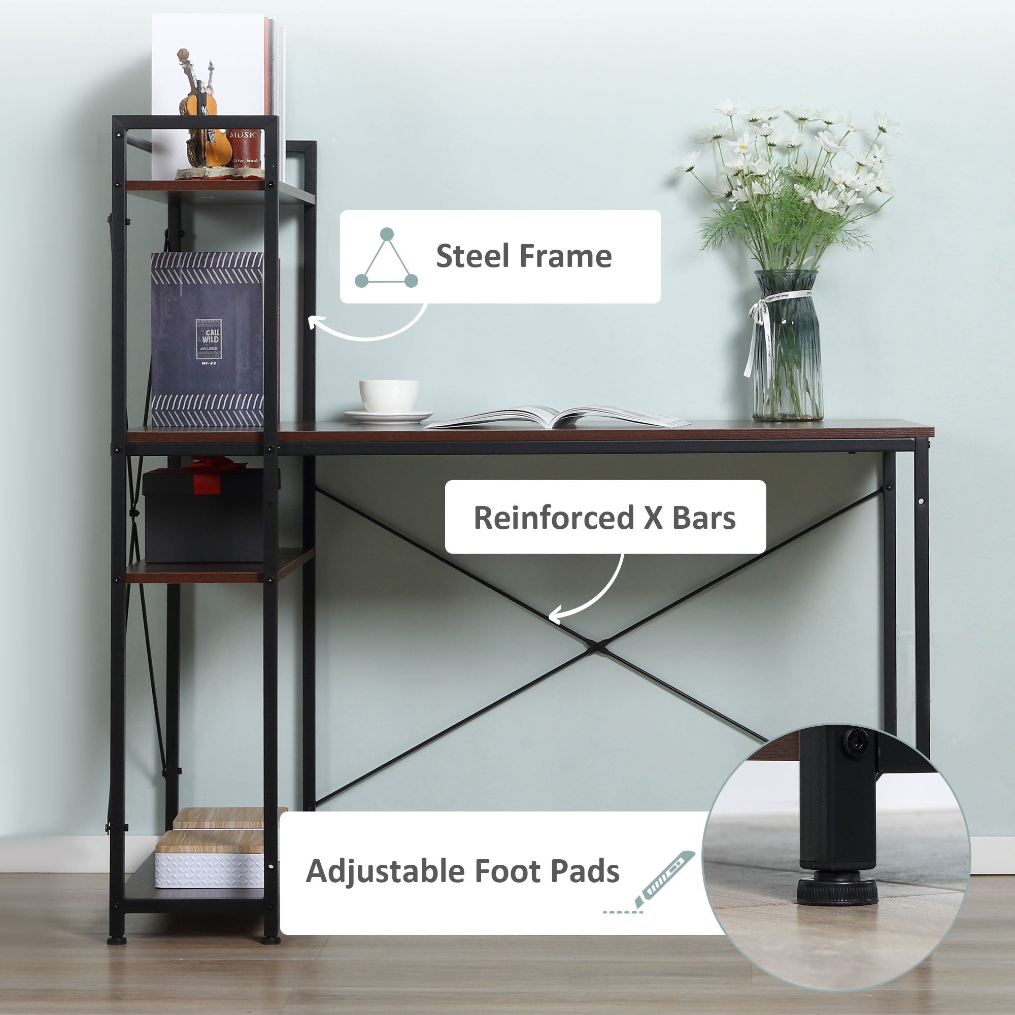 HOMCOM Computer Desk with Storage Shelves on Left or Right, Industrial Reversible Writing Desk for Home Office, Study, Easy Assembly, 120 x 64 x 121cm, Walnut and Black - North Peak Garden Furniture