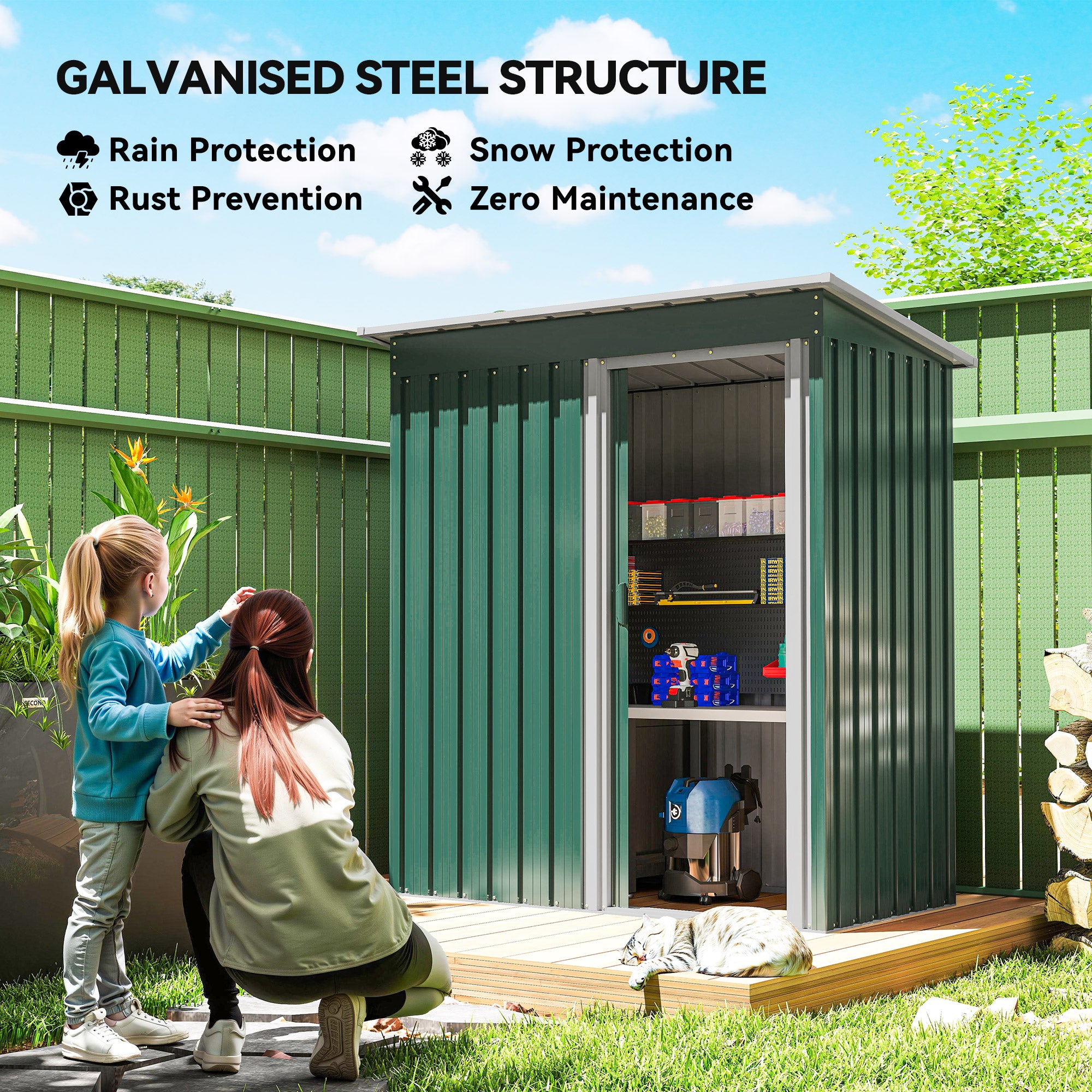 Outsunny 5 x 3ft Garden Storage Shed with Sliding Door and Sloped Roof Outdoor Equipment Tool Garden, Green