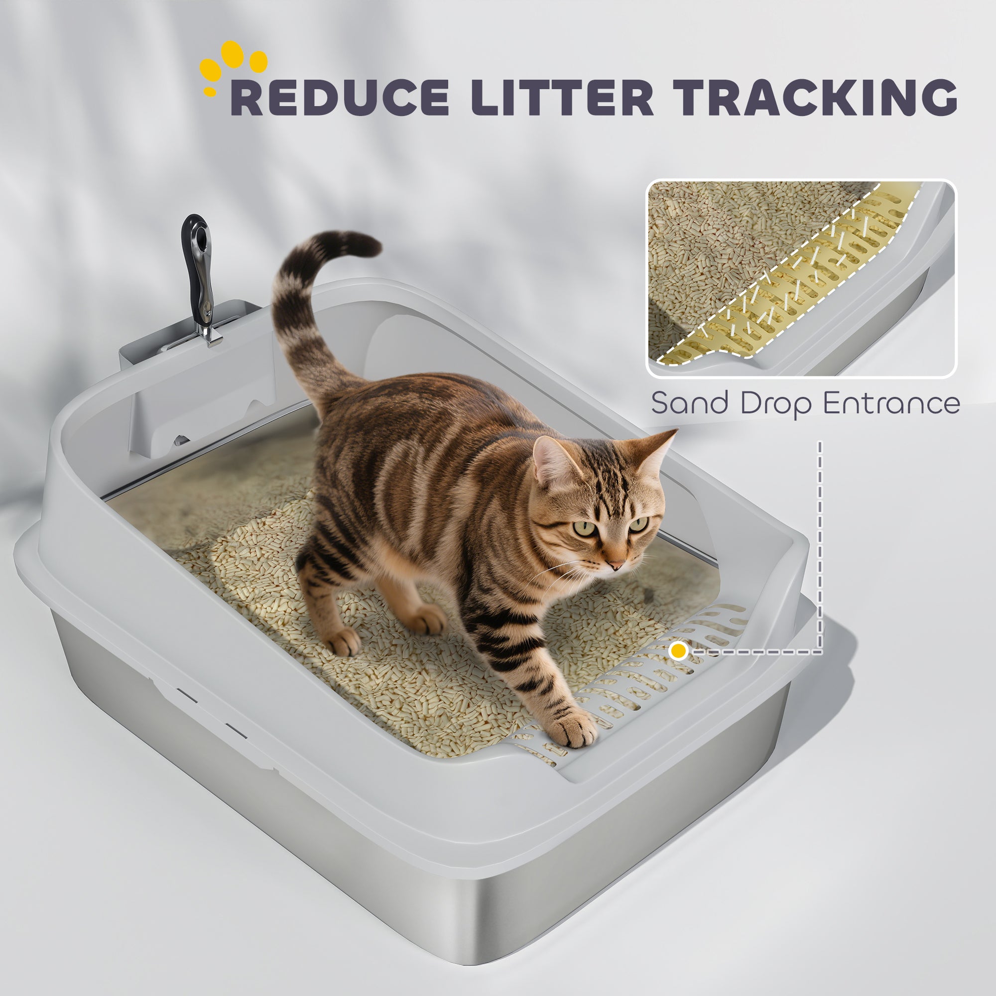 PawHut XXL Stainless Steel Cat Litter Box with High Sides, Metal Scoop, 70 x 50 x 30 cm