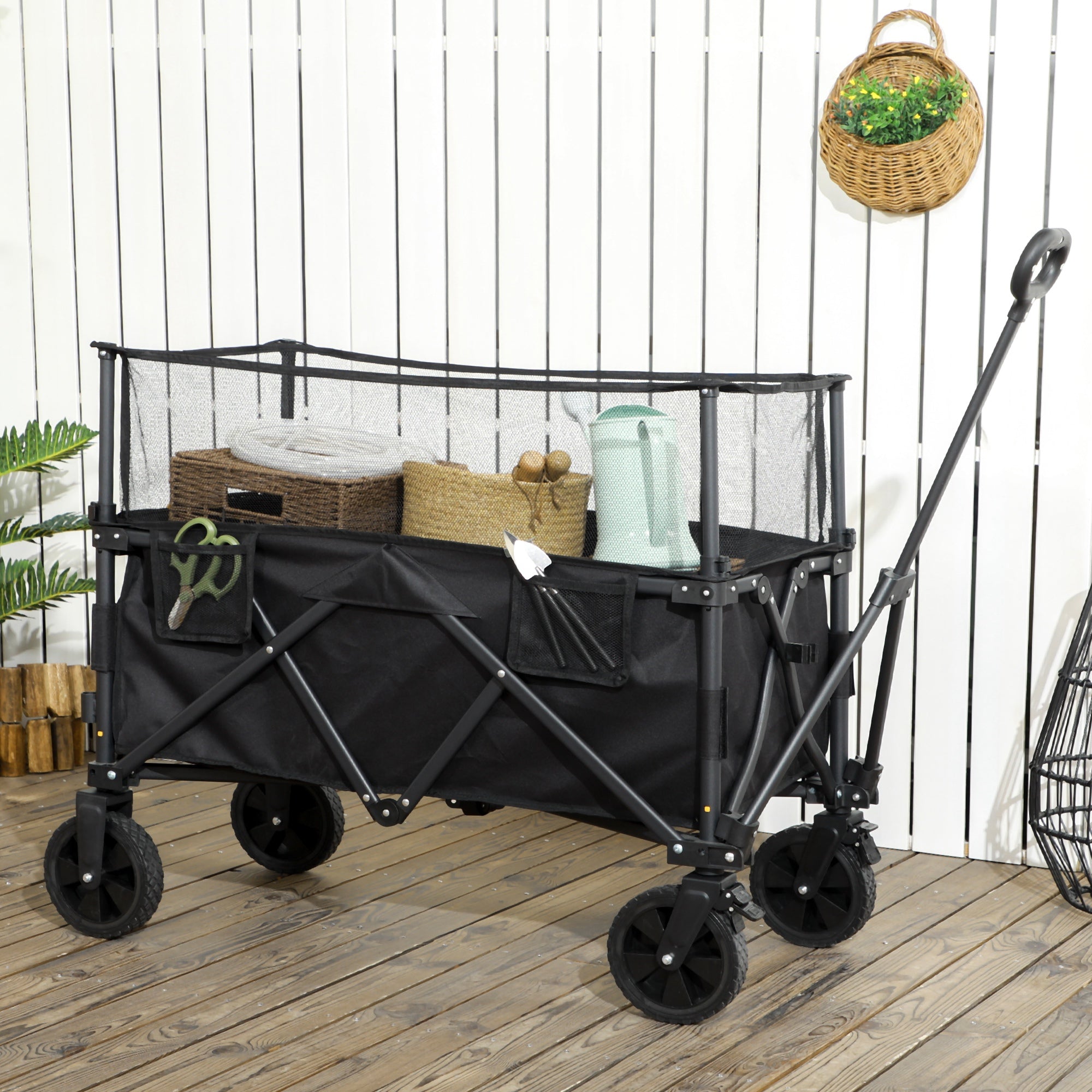 Outsunny Folding Garden Trolley, 180L Wagon Cart with Extendable Side Walls, for Beach, Camping, Festival, Black