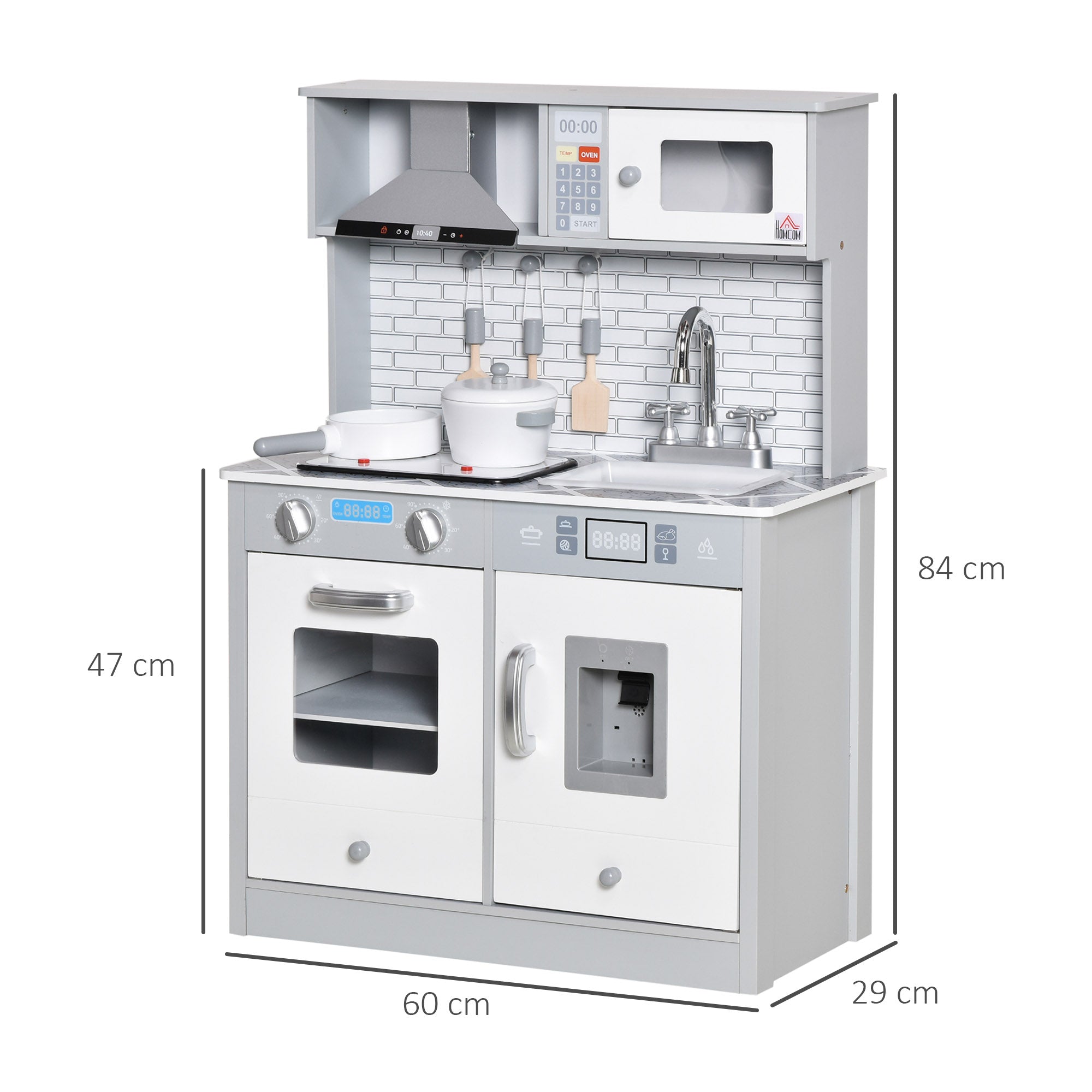 HOMCOM Kids Wooden Toy Kitchen Pretend Play Cooking Playset w/ Sound & Light Effect, Battery Operated Cooktop, Ice Machine, Marble Pattern Countertop, for 3-6 Years Old - North Peak Garden Furniture