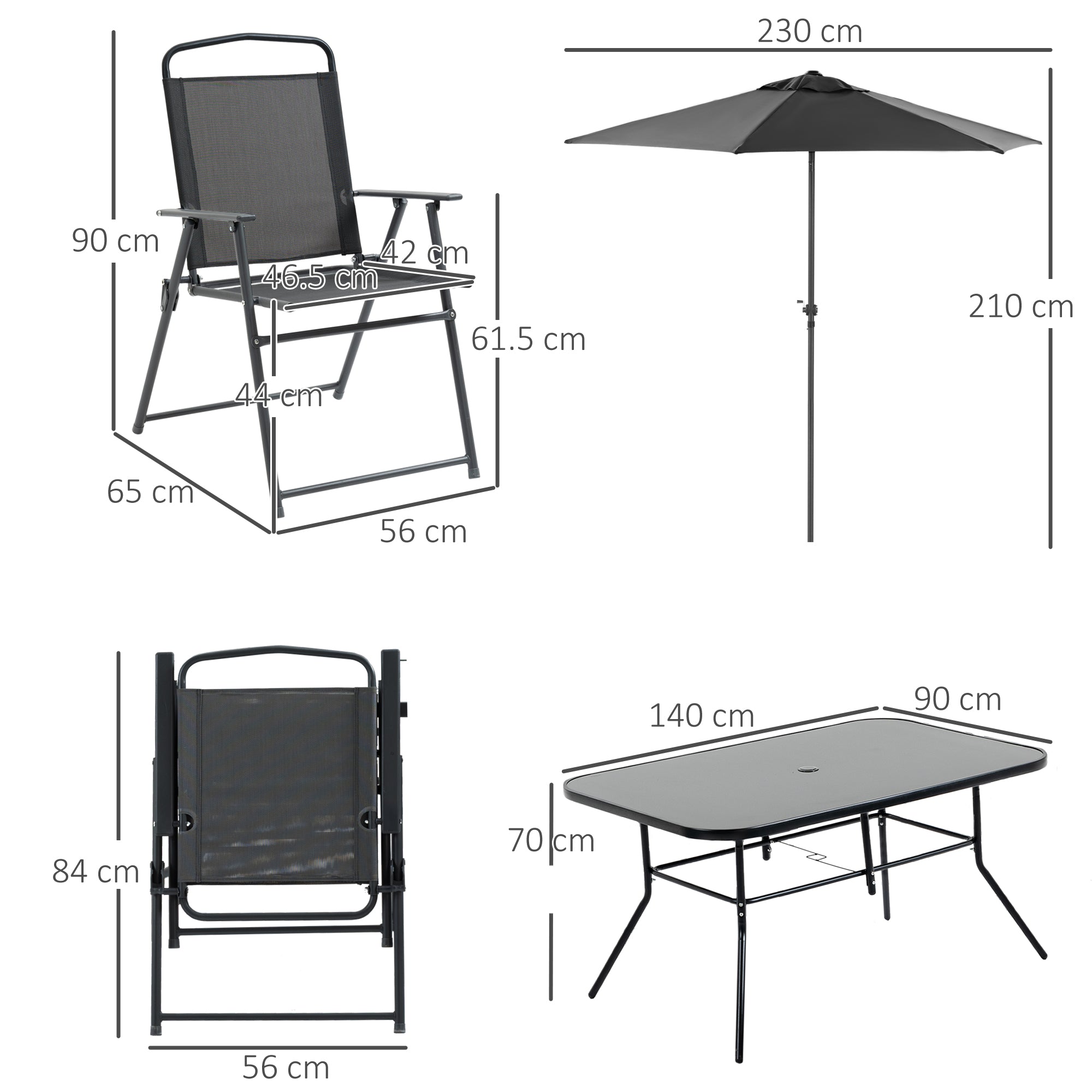 Outsunny Eight-Piece Garden Dining Set, with Chairs, Table and Parasol - Black - North Peak Garden Furniture