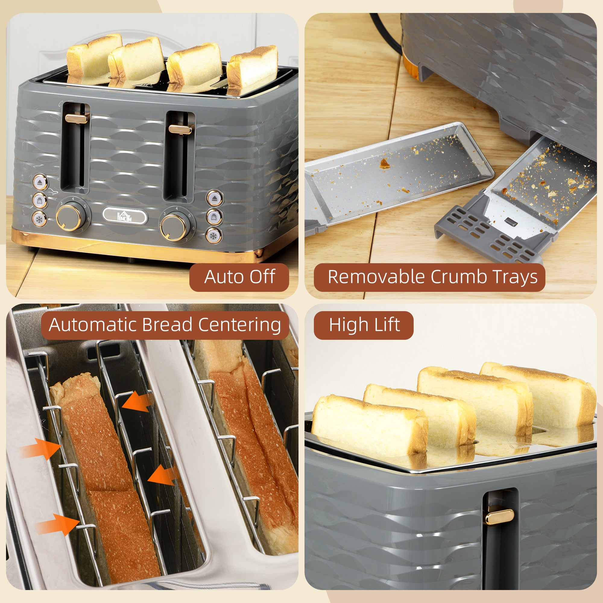 HOMCOM 4 Slice Toaster with 7 Browning Levels, High Lift, Reheat/Defrost/Cancel, Self-centring Function, Removable Crumb Tray, Auto Off, 1600W, Grey Water Ripple Texture - North Peak Garden Furniture