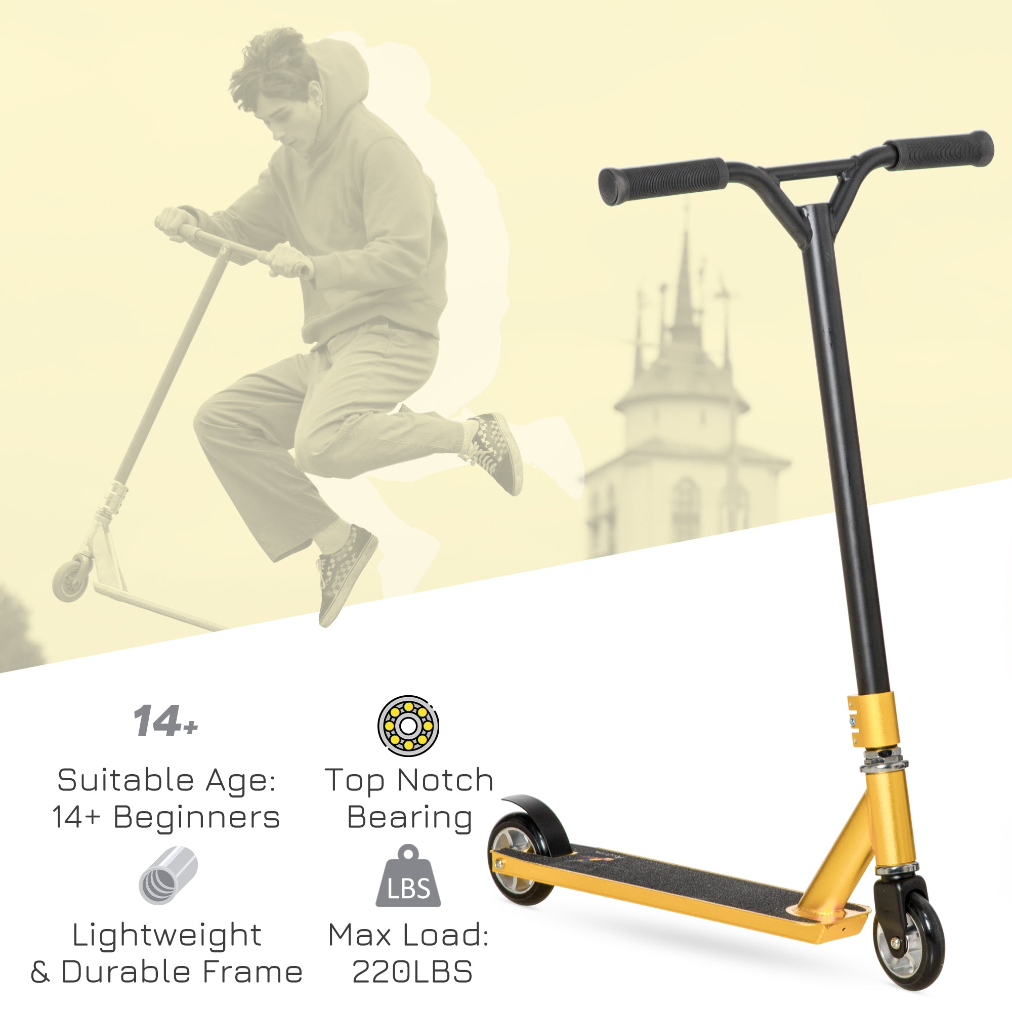 HOMCOM Stunt Scooter, 360° Entry Level Tricks Scooter w/ Lightweight Aluminium Deck and ABEC 7 Bearing, For Age 14+ Beginners, Gold Tone - North Peak Garden Furniture