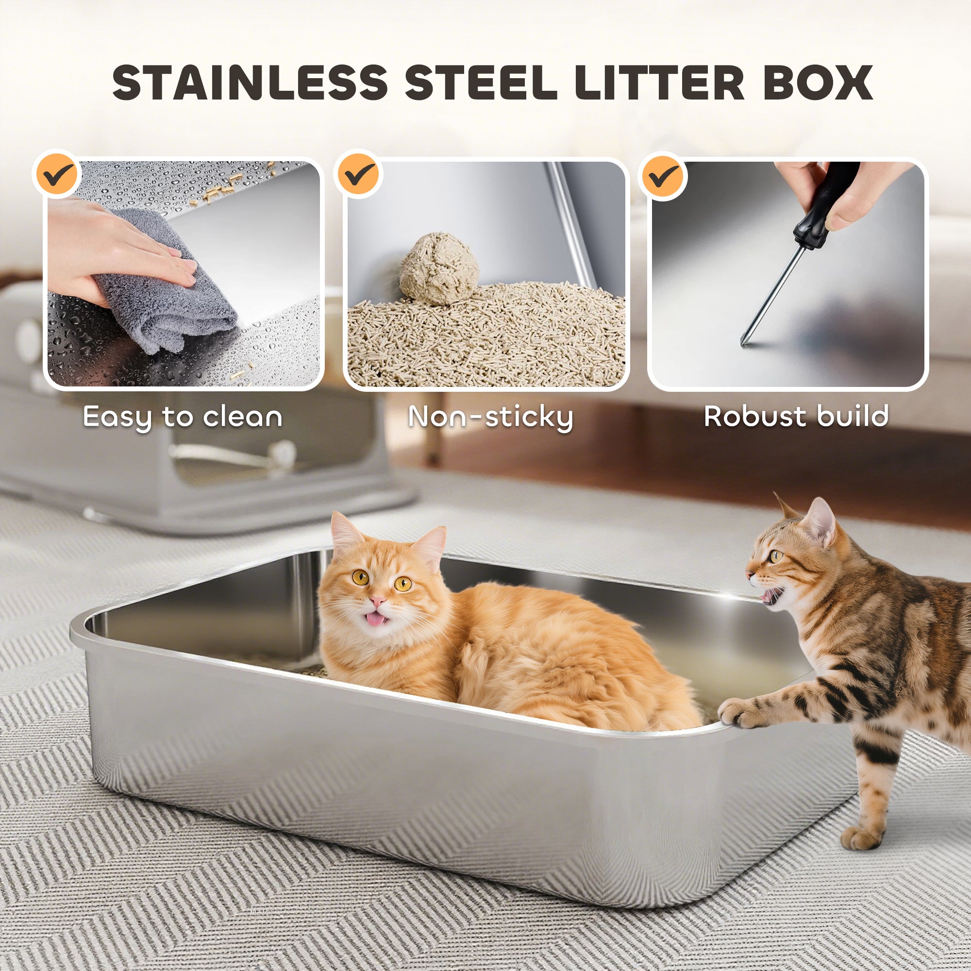 PawHut XXL Stainless Steel Cat Litter Tray, Enclosed Cat Litter Box with 90° Flip Cover, Double Doors, Scoop, Easy Clean, Grey
