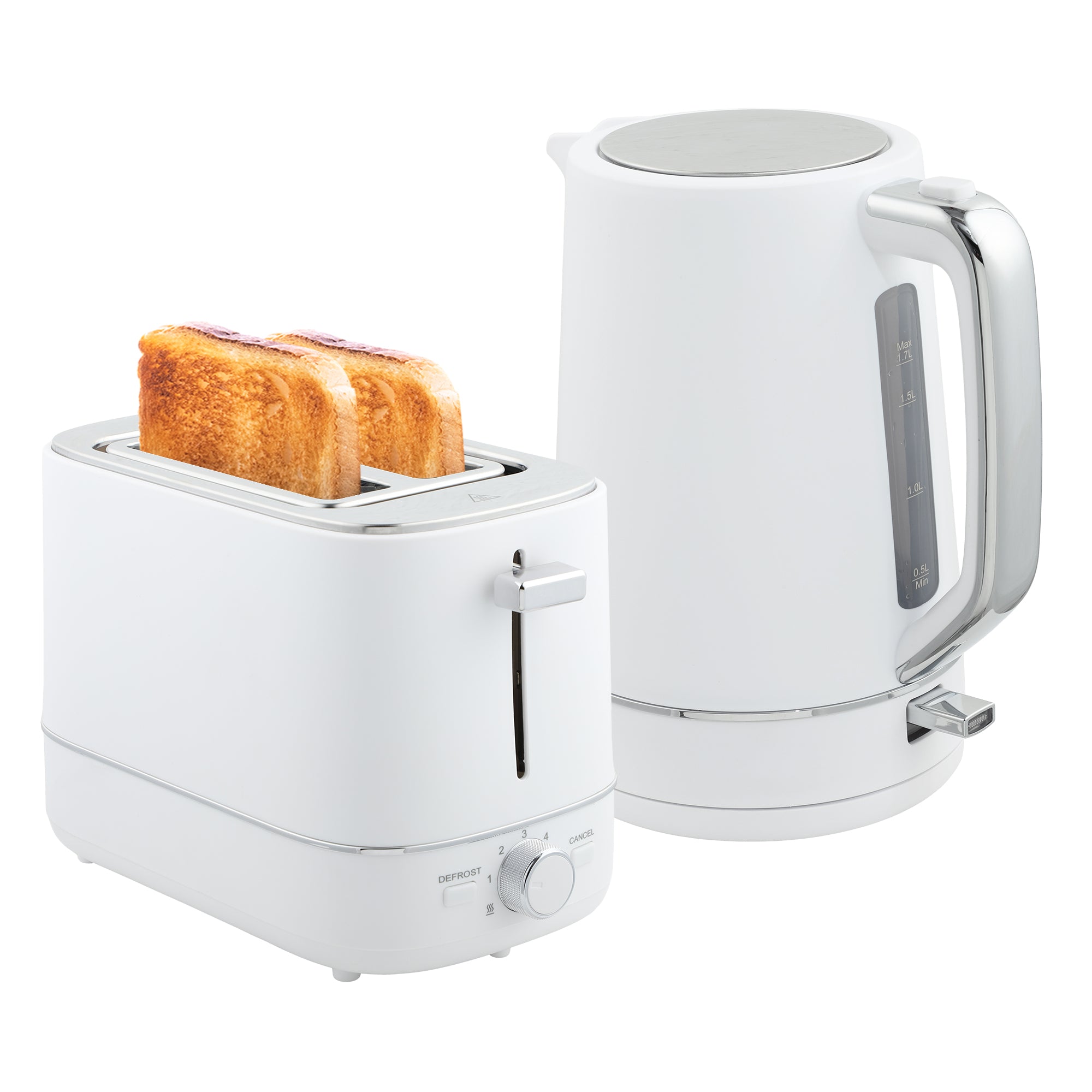 HOMCOM Kettle and Toaster Set, 1.7L 3000W Fast Boil Kettle & 2 Slice Toaster Kitchen Set with 6 Level Browning Controls, Defrost, Reheat, White - North Peak Garden Furniture