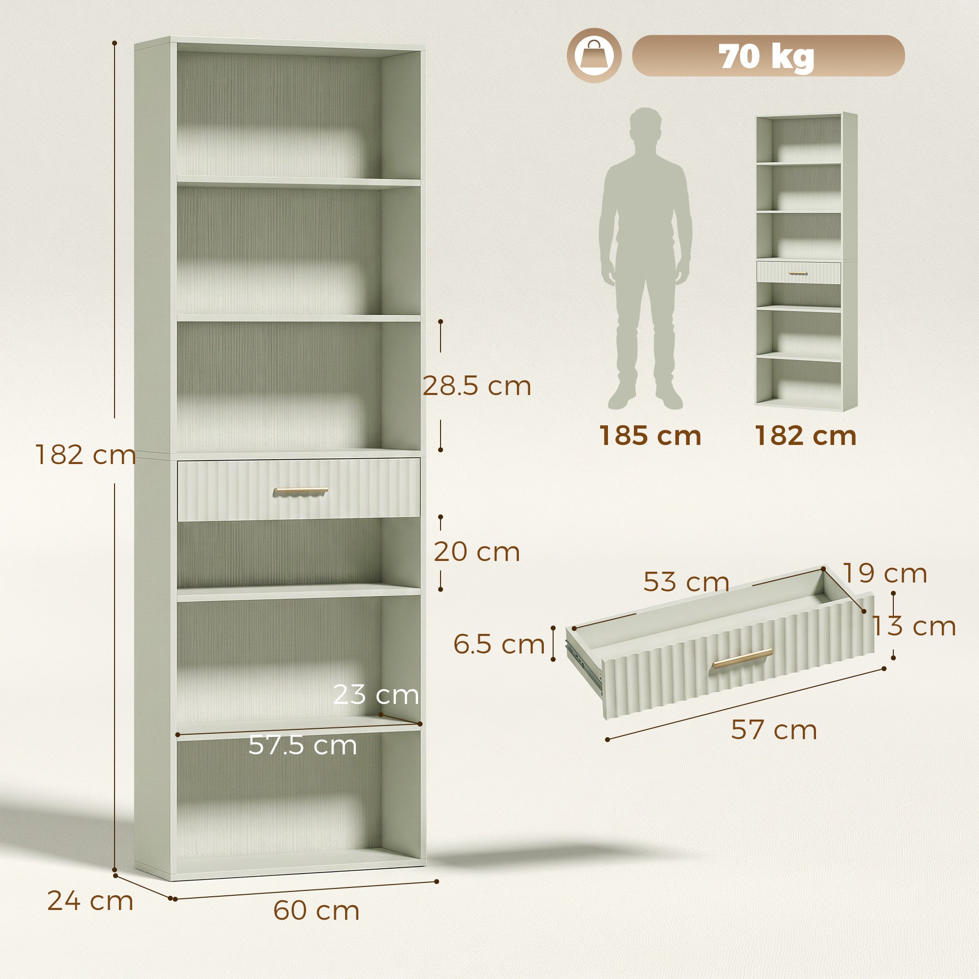 HOMCOM Bookcase Narrow Tall Space-Saving Bookshelf Drawer Open Shelves 60 x 24 x 182 cm Light Green