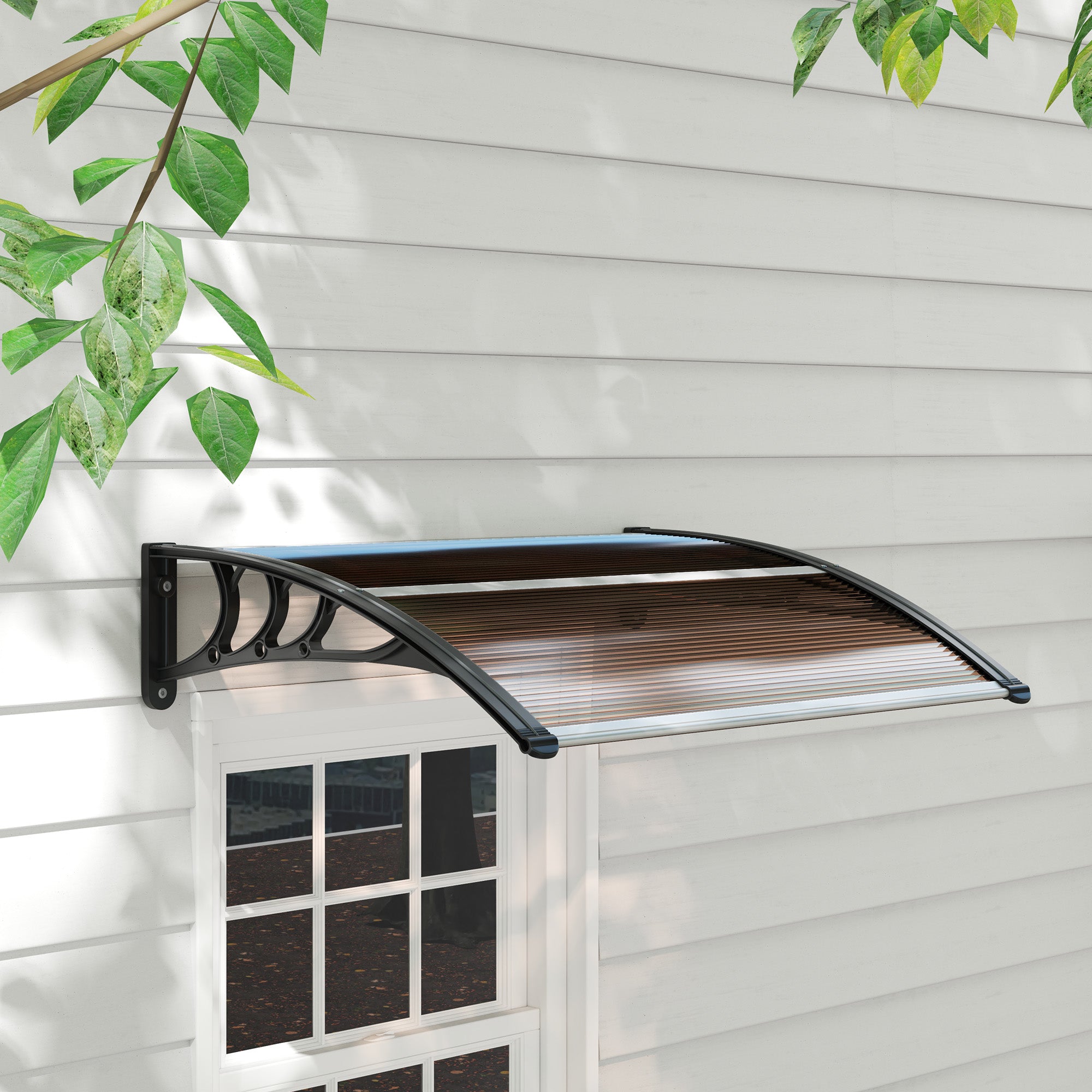Outsunny Curved Window Door Canopy Aluminium Rigid Plastic Polycarbonate Fixed Outdoor Awning Modern Design UV Water Rain Resist 100 x 75cm Brown - North Peak Garden Furniture