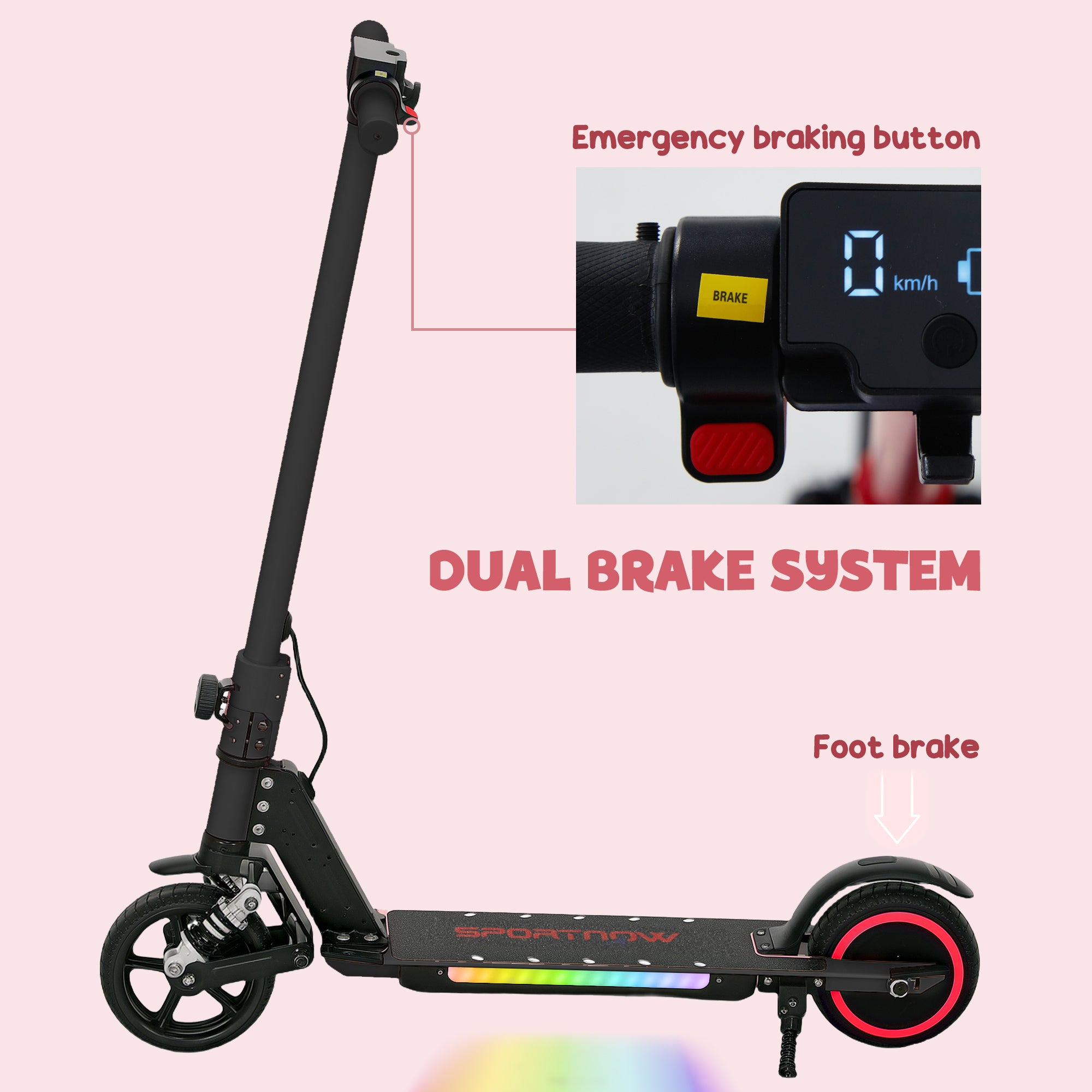 SPORTNOW Folding Electric Scooter for Kids Age 6-14 with Dual Brakes, Front Suspension, LED Colourful Lights and Display, 6.8kg Lightweight Aluminium E Scooter, Up to 14 KM/H & 6 KM, Black - North Peak Garden Furniture